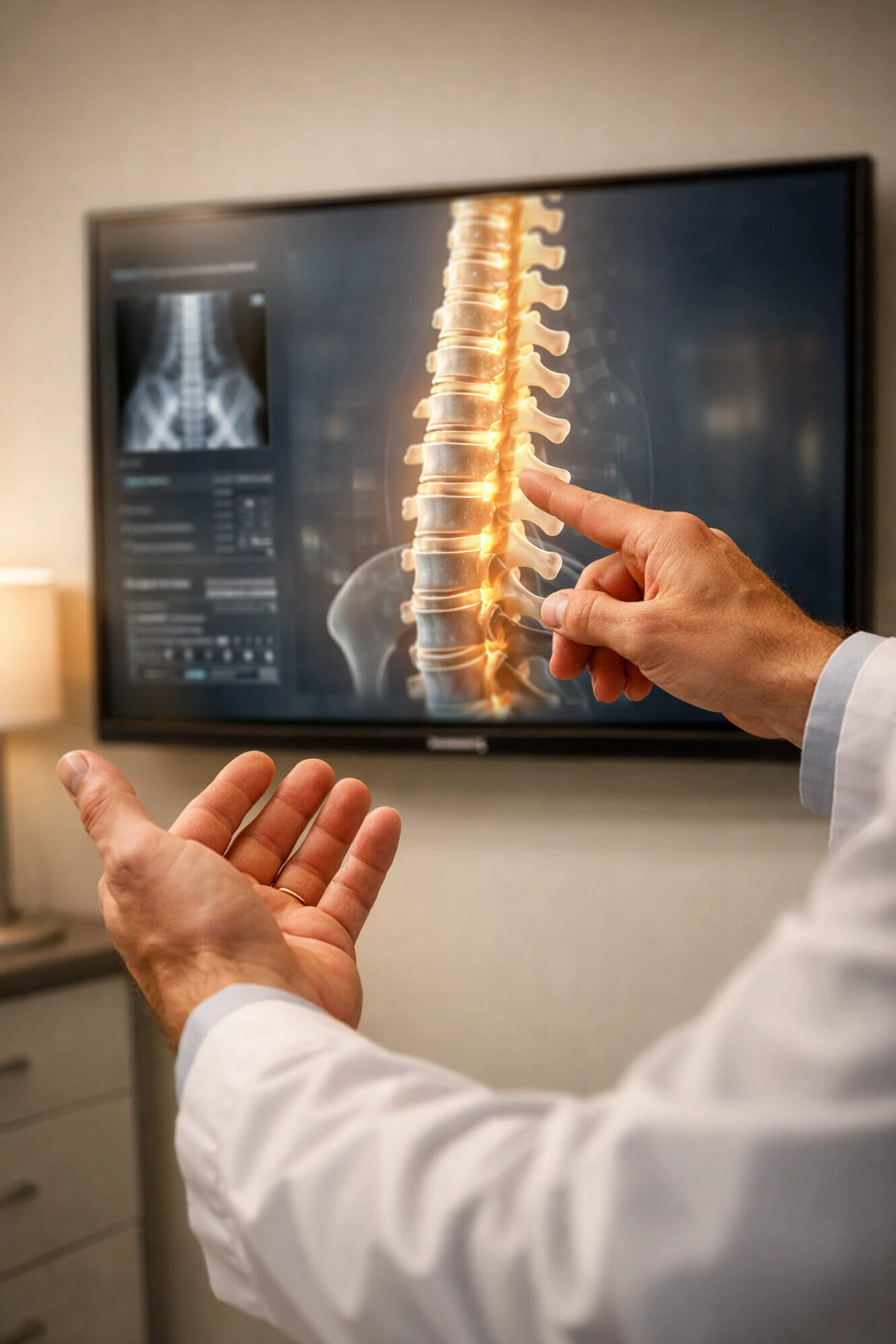 Expert chiropractor pointing to a digital spine model in a high-tech clinical setting.