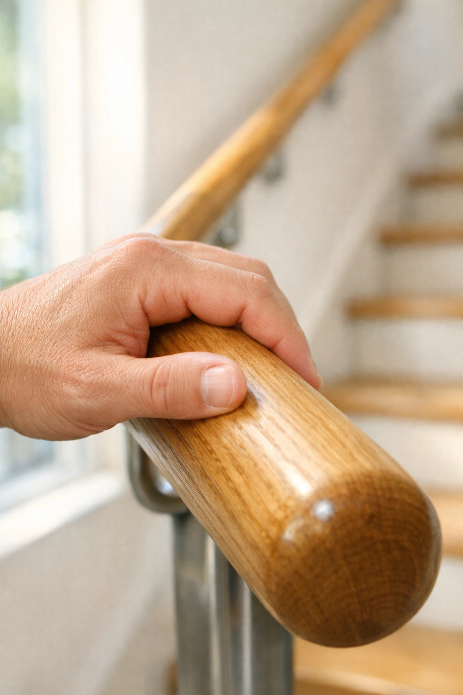 Close-up of a secure hand grip on a sturdy wooden stair handrail for stability and fall prevention.