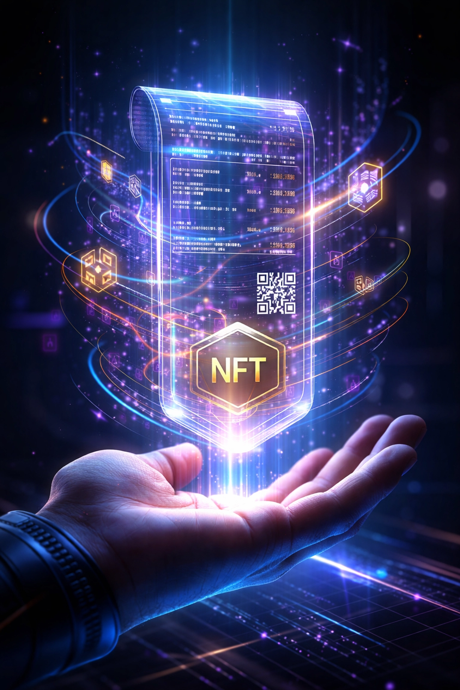 A glowing digital receipt above a hand, symbolizing NFT receipts in blockchain-powered self-custody merchant accounts