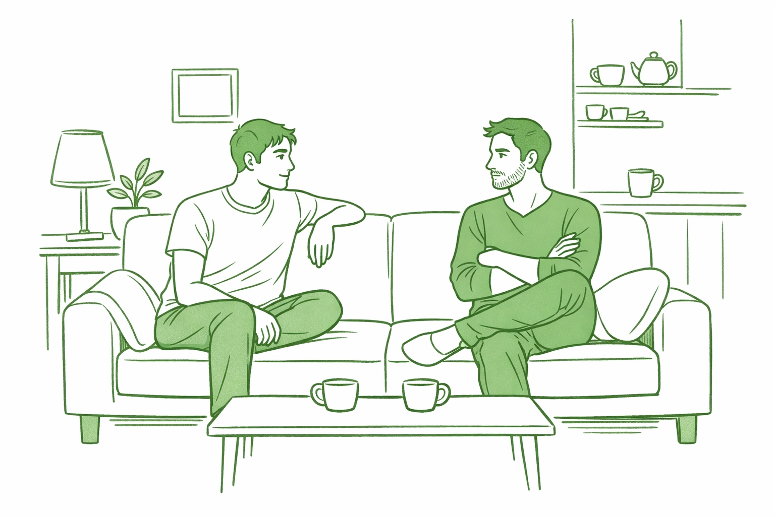 Gay couple on couch navigating communication and boundaries in early same-sex relationship