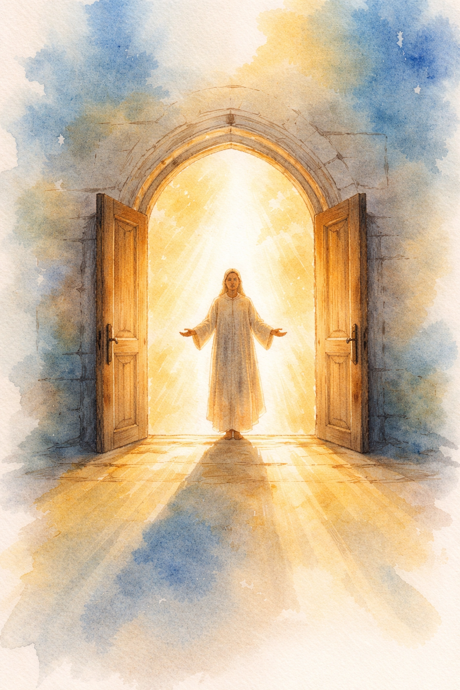 Watercolor illustration of a church doorway at sunrise with a greeter warmly welcoming guests, symbolizing Christian hospitality ministry.