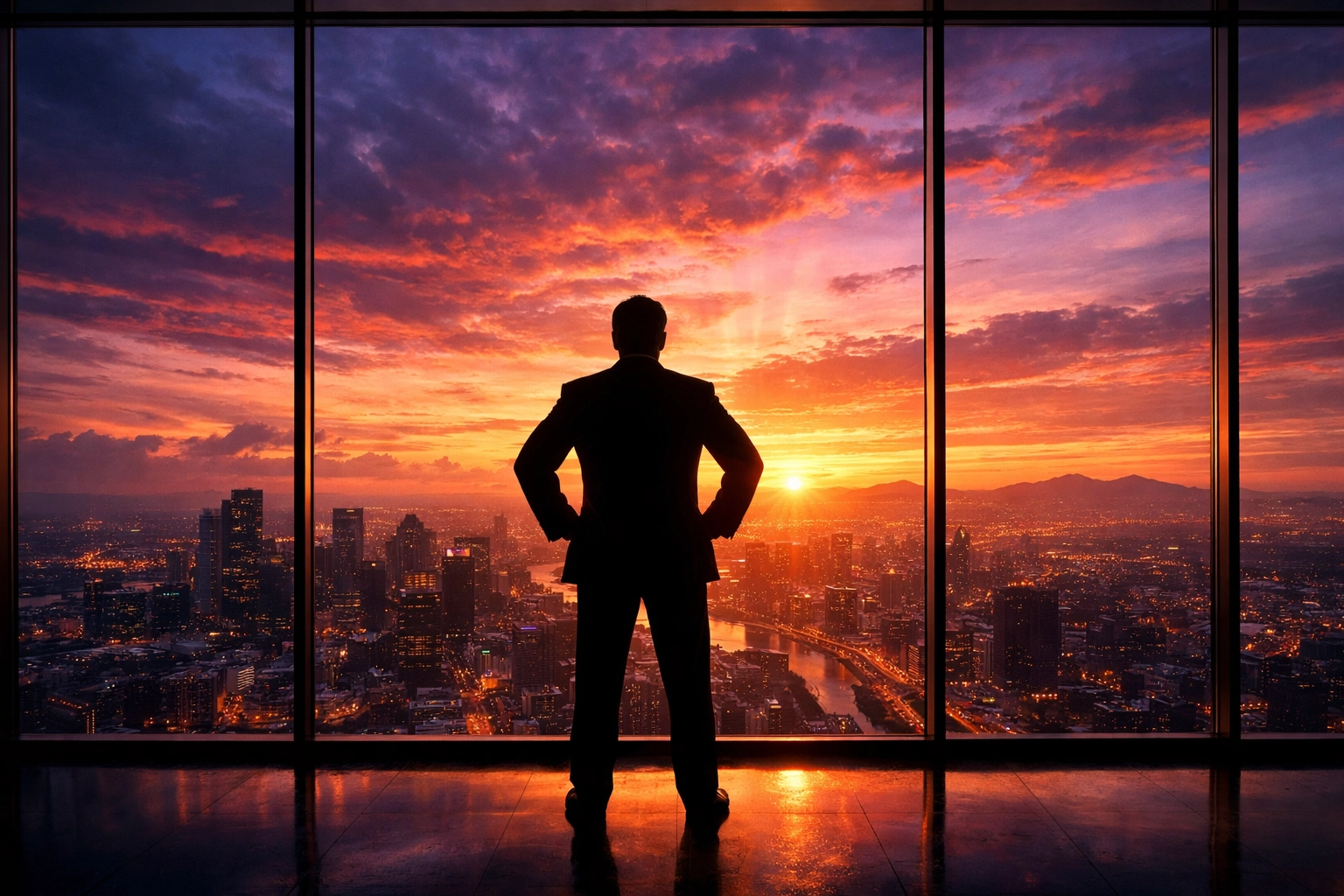 Leader overlooking a city at sunrise, symbolizing vision and a new era of organizational transformation.