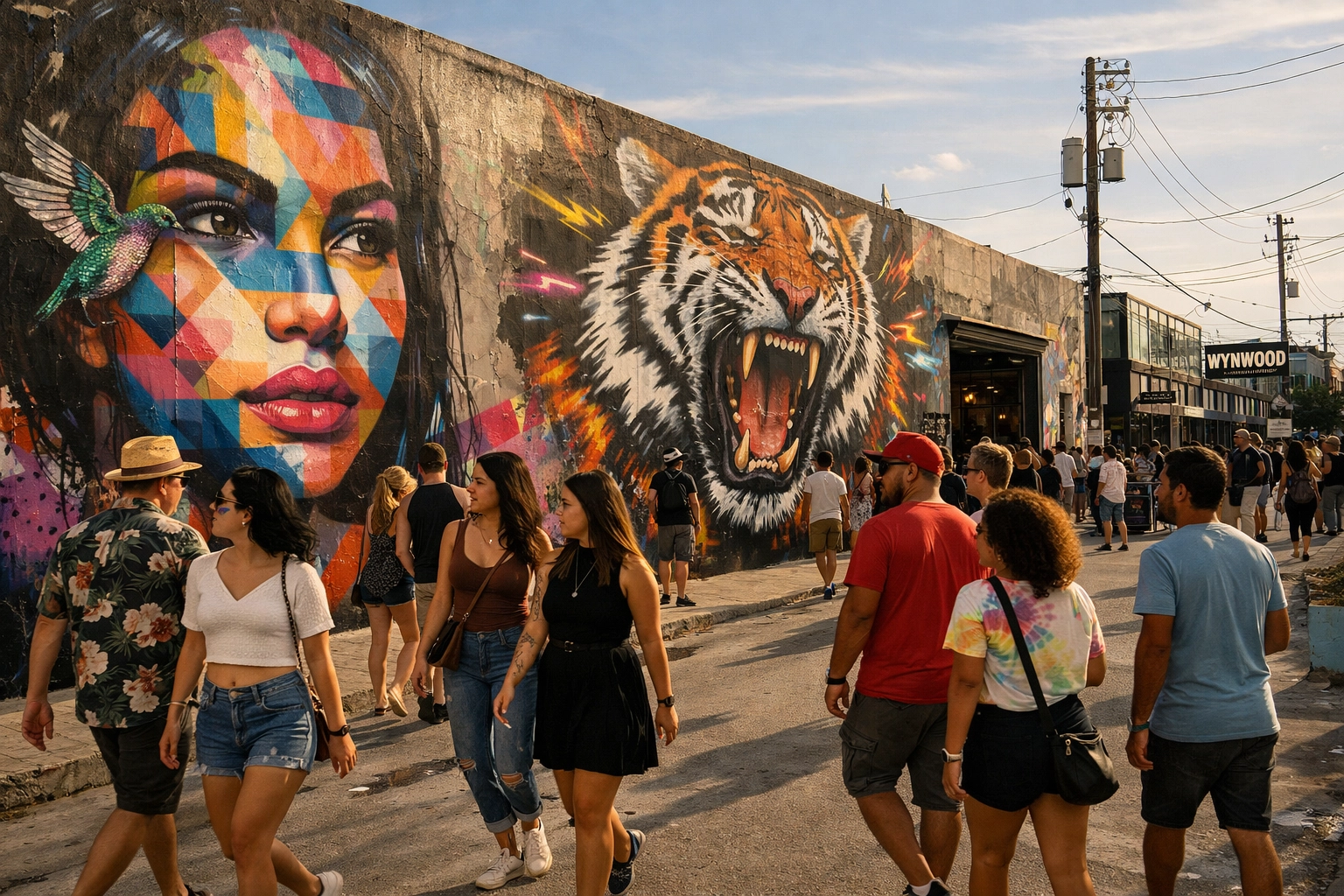 Exploring colorful Wynwood photography murals and street art during the monthly Art Walk in Miami.
