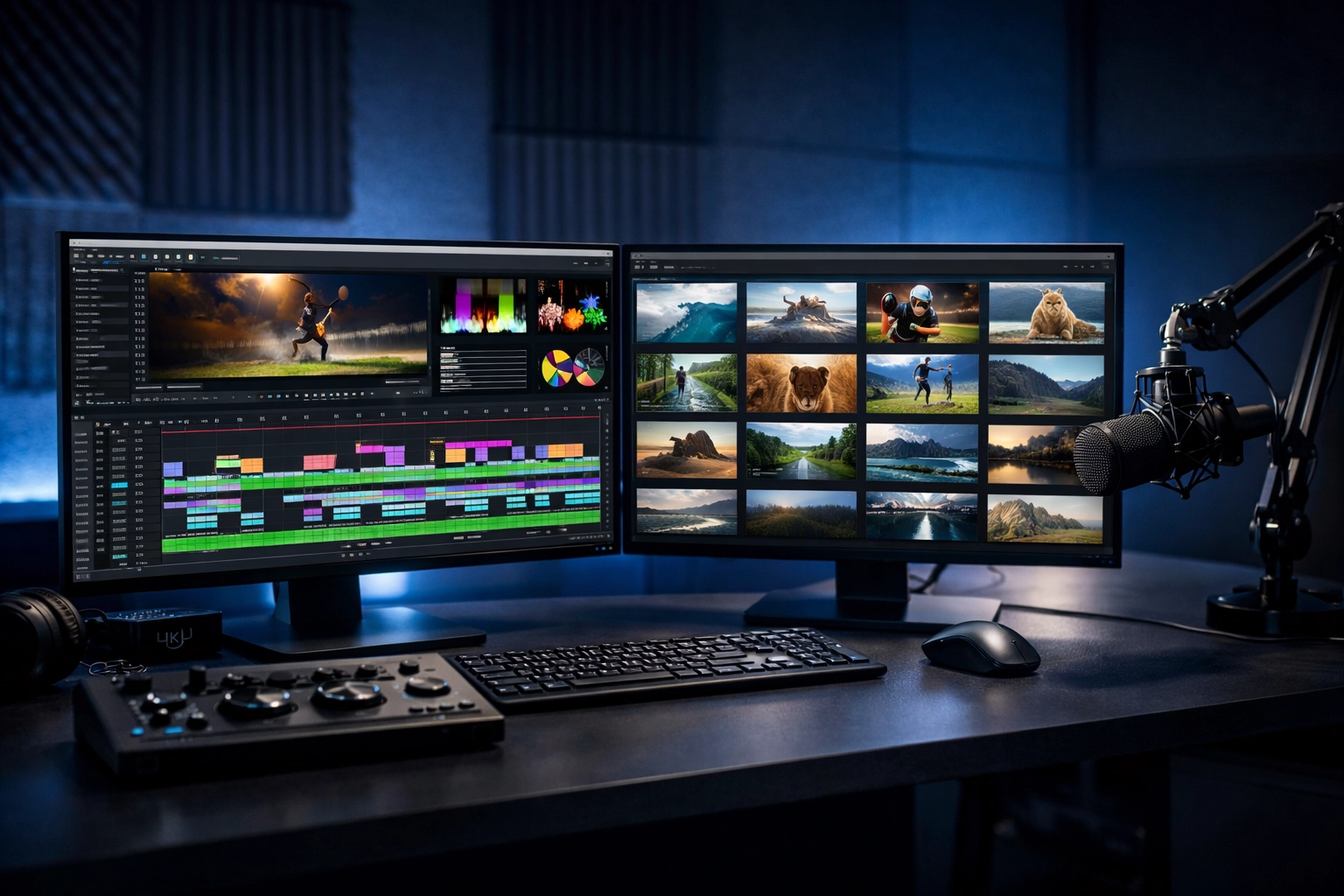 High-end media production workstation displaying automated media asset management workflows in a professional studio.