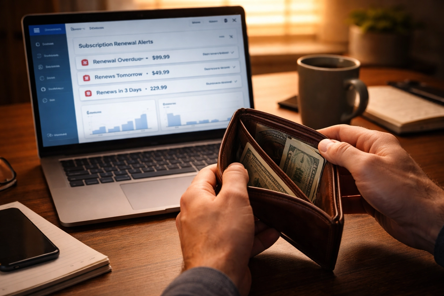 Hands holding an almost empty wallet near a laptop, representing recurring team store costs.