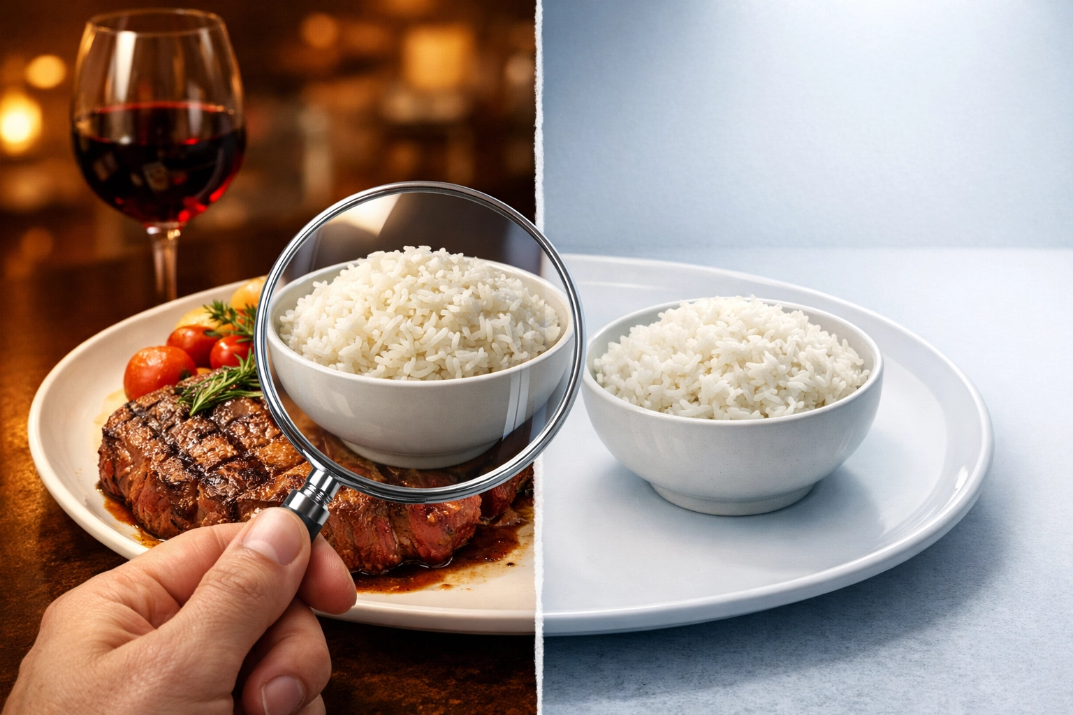 A magnifying glass turns steak into rice, illustrating how CPI substitution hides the true cost of living.