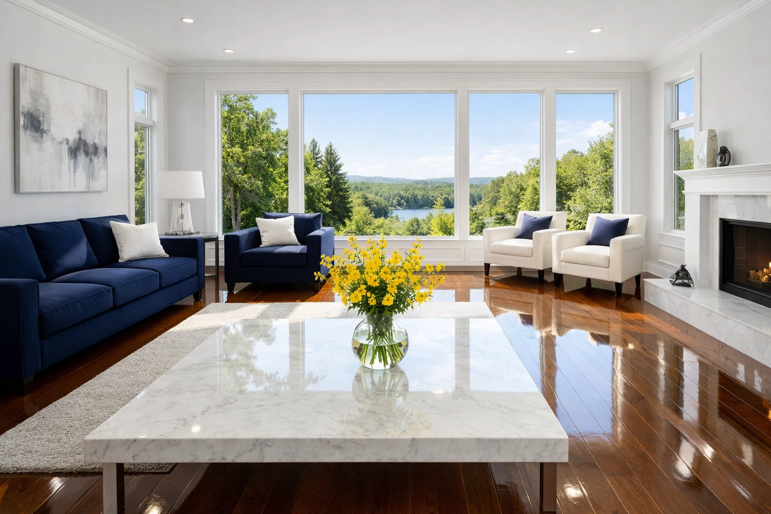 Spotless modern Ashland living room with polished floors after professional recurring house cleaning.