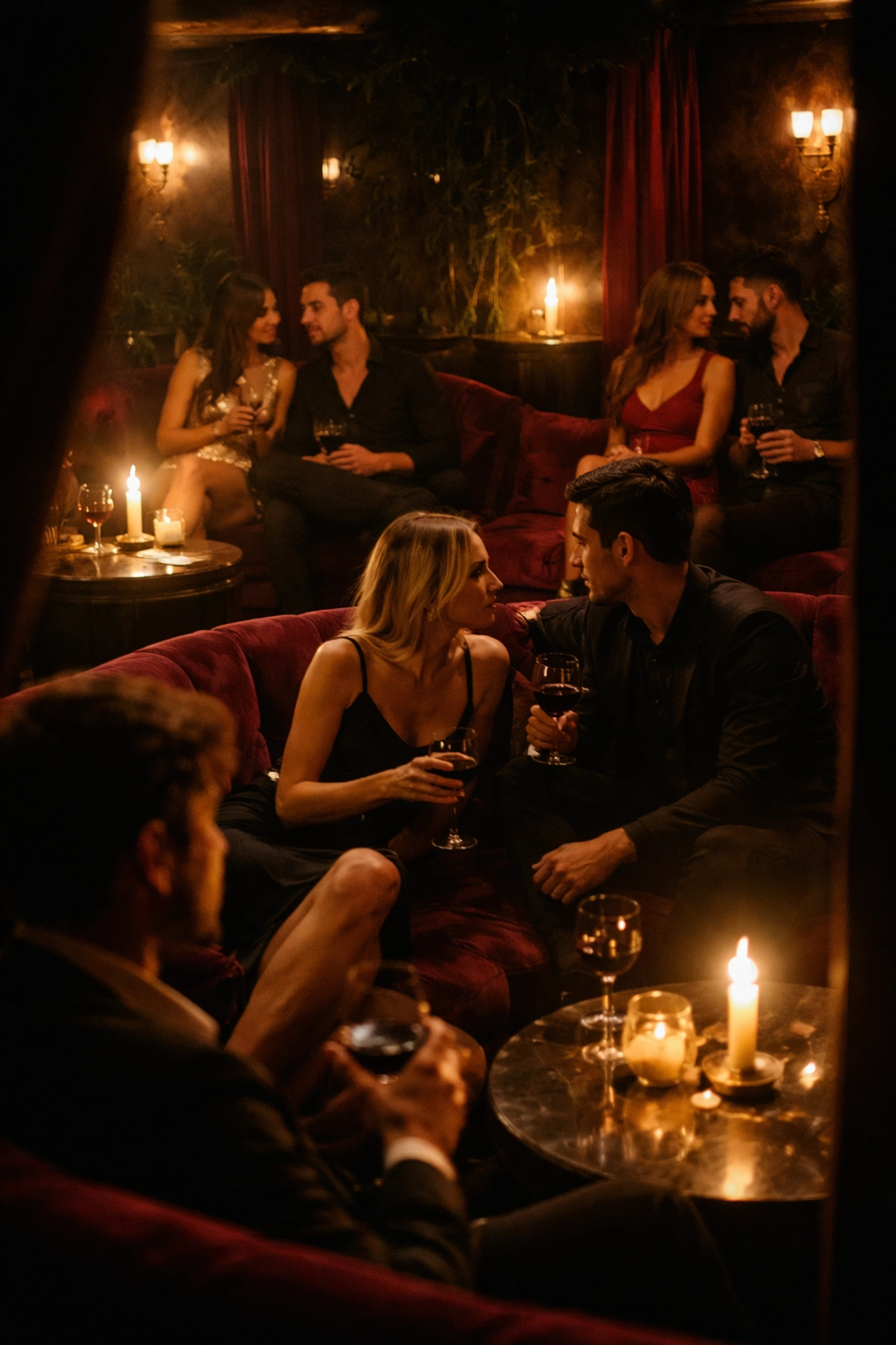 Adults converse in a candlelit Berlin lounge at a sex-positive event, showcasing swingers club atmosphere and social dynamics.