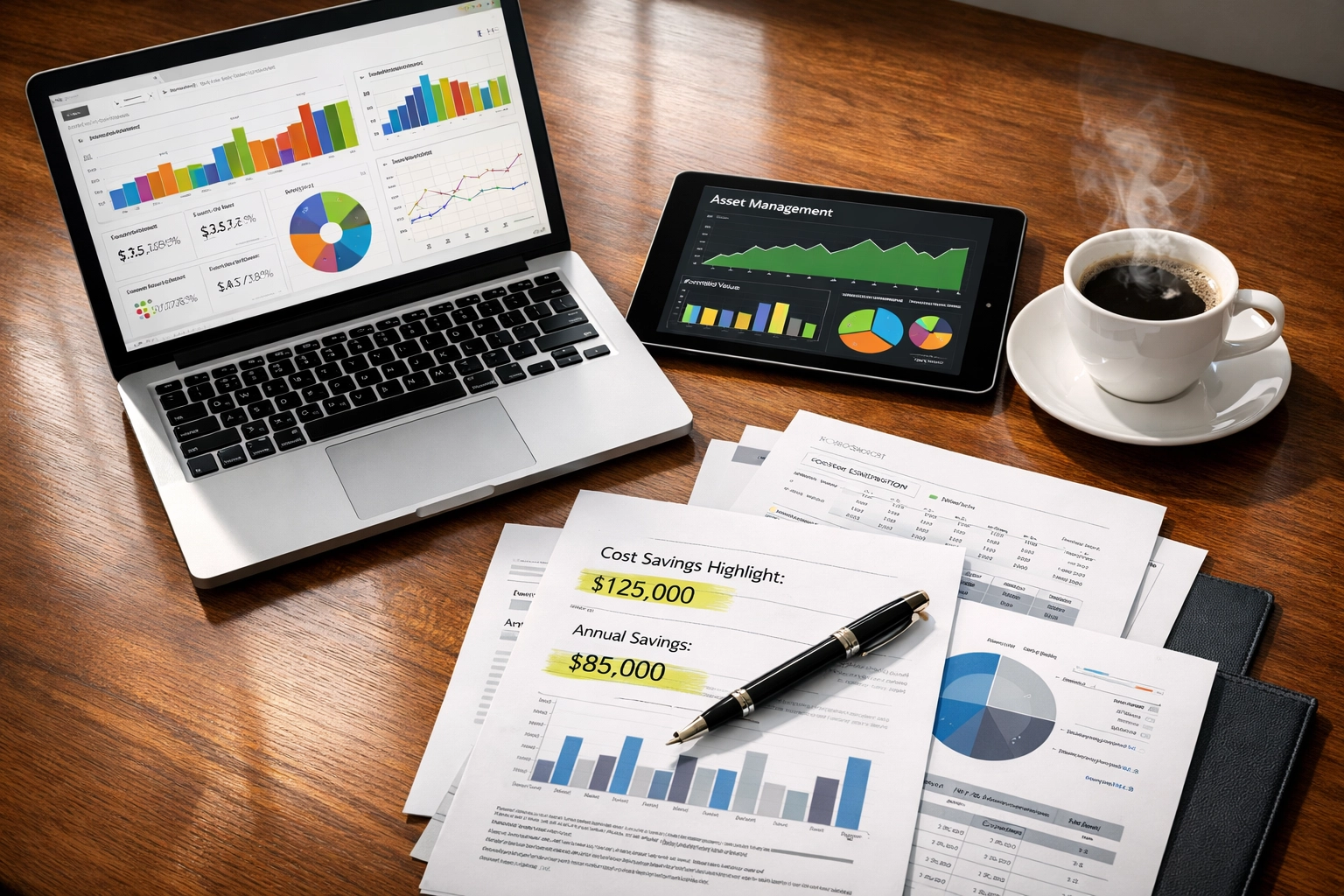 Executive reviewing ServiceNow ITAM analytics and financial savings reports