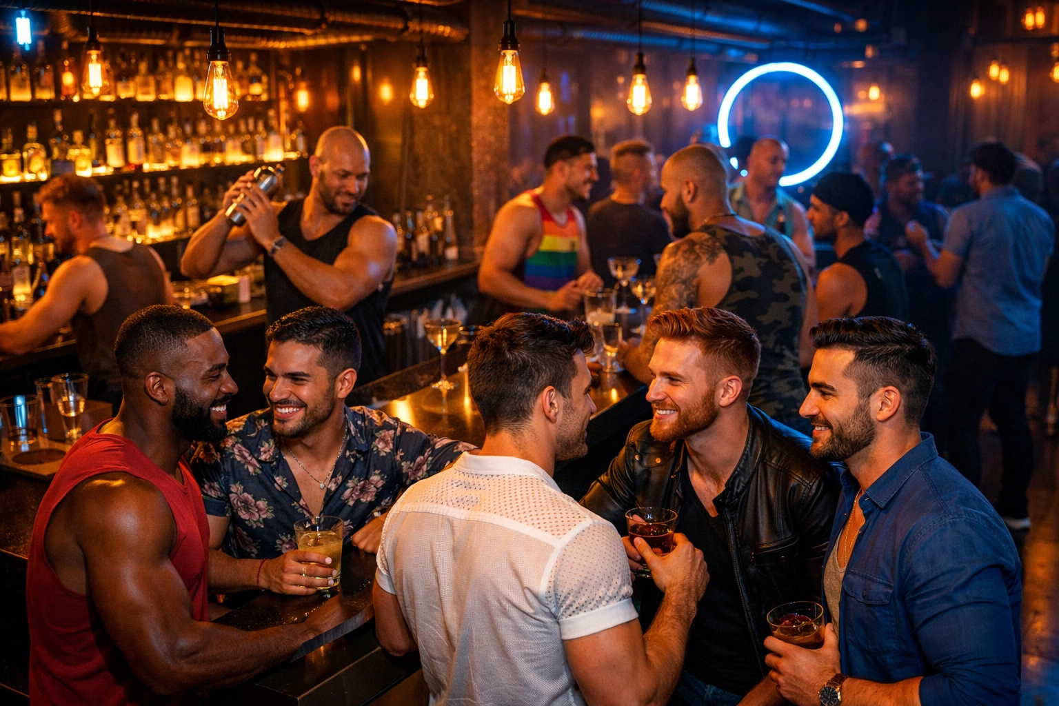 Gay men socializing at modern LGBTQ+ nightclub bar - urban romance community scene