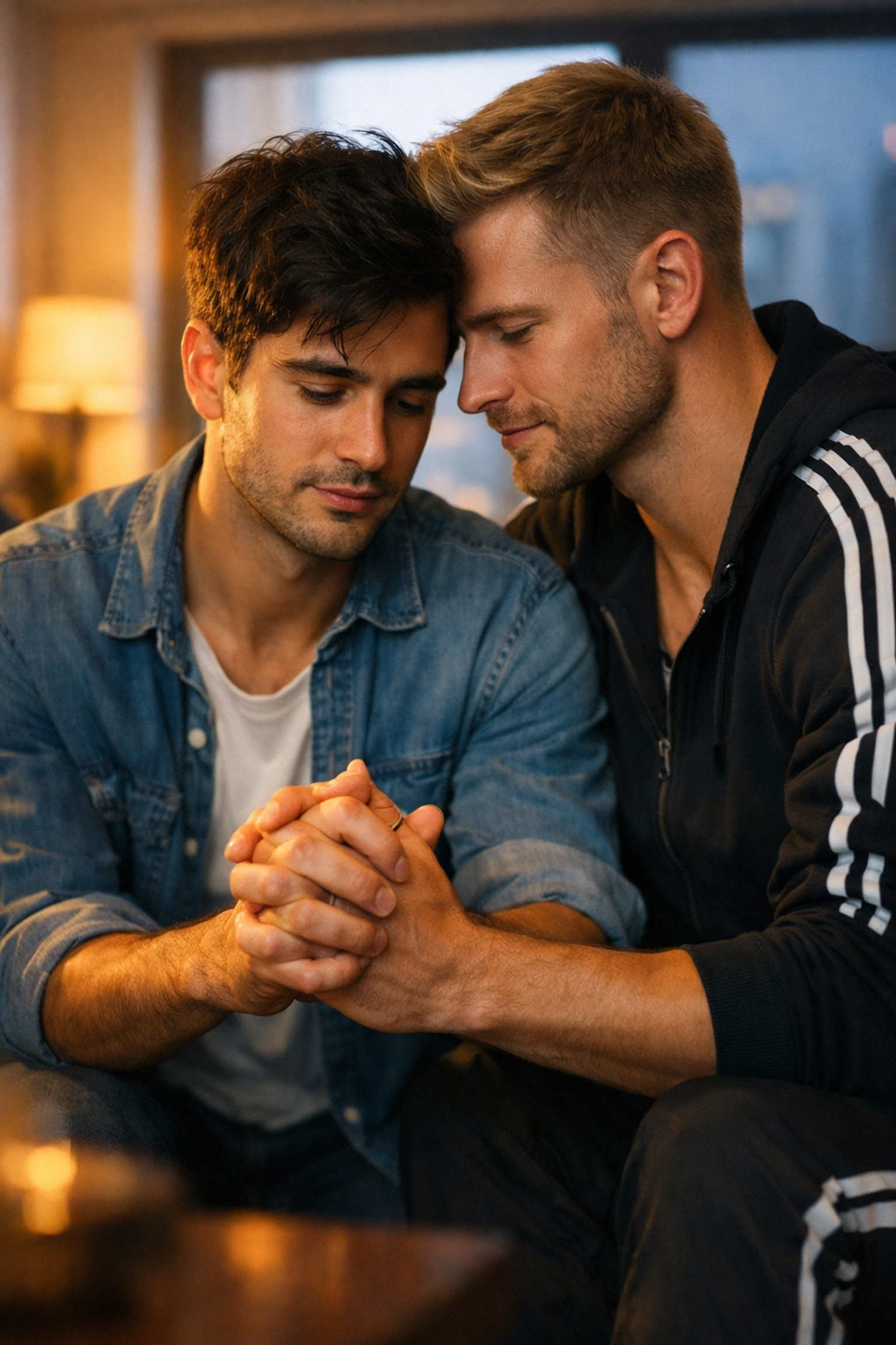 Two gay men holding hands in intimate moment from Bros movie showing vulnerability in MM romance