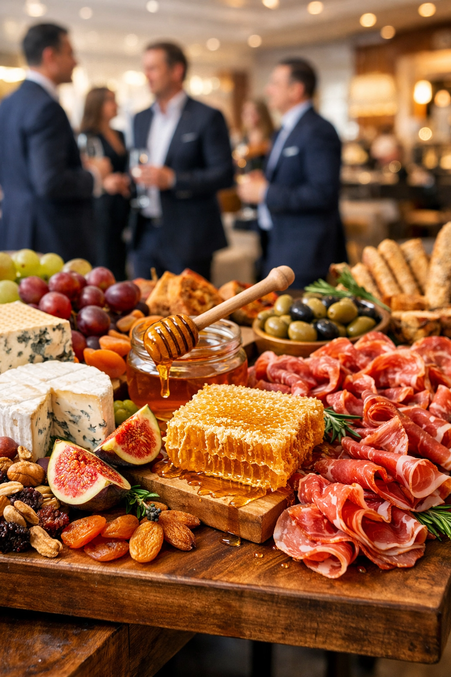 Gourmet grazing table and artisanal catering at a luxury corporate event for Super Bowl guests.