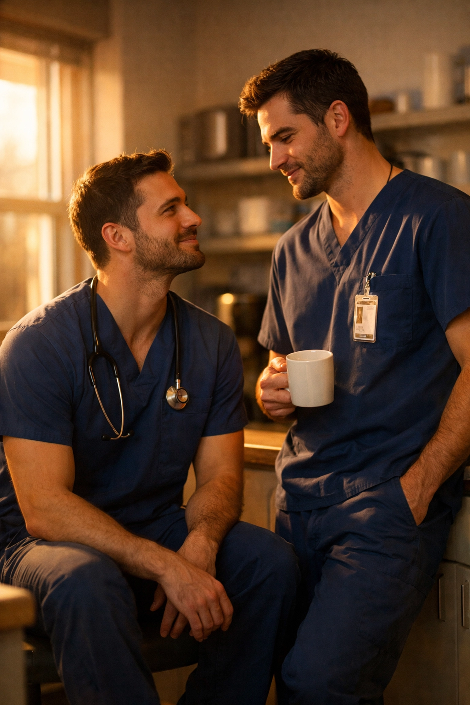 Two gay male nurses sharing an intimate moment in hospital breakroom with coffee