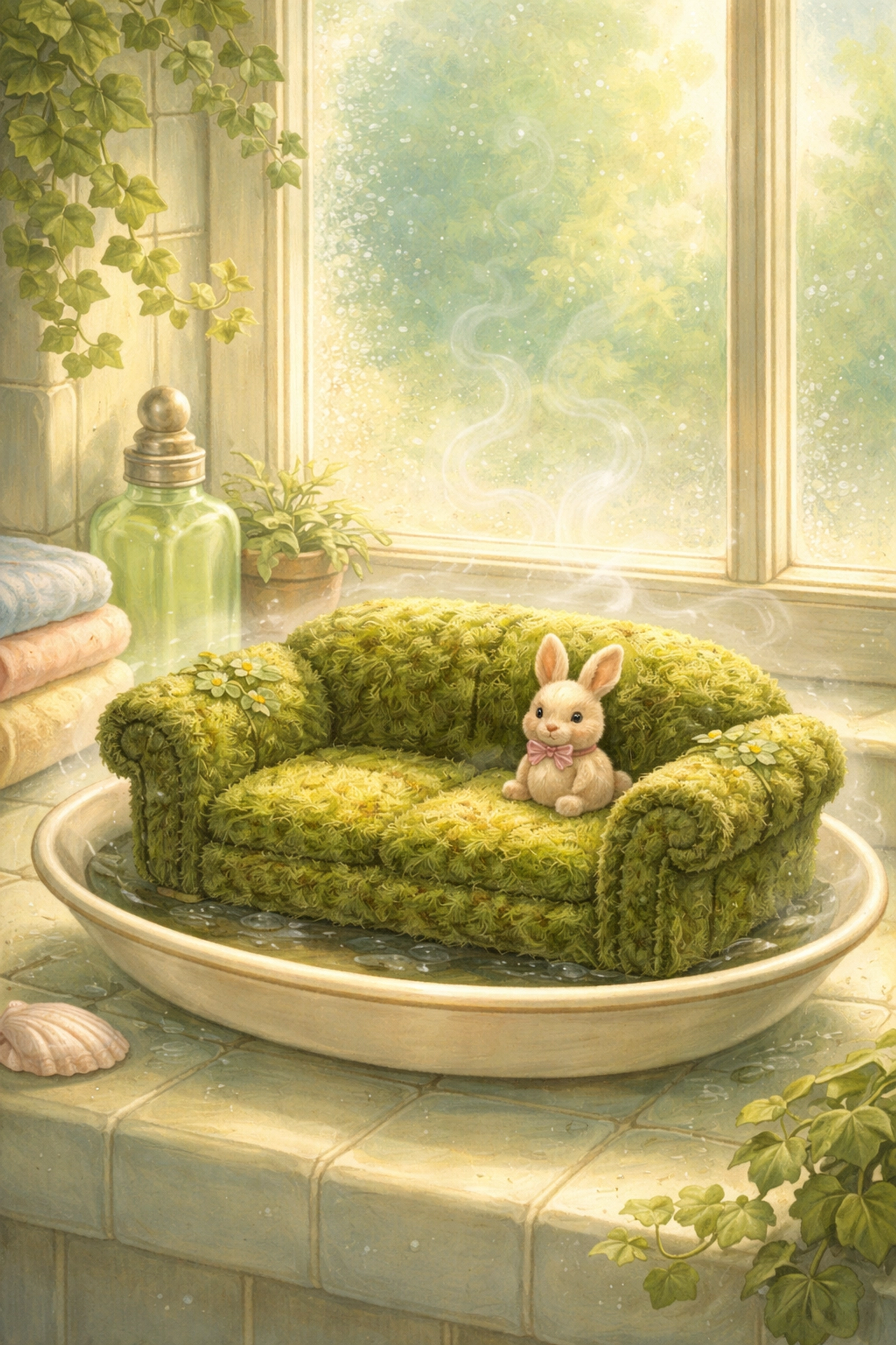 Miniature moss sofa in a dish on a humid windowsill, with a toy rabbit, showing grown living moss furniture