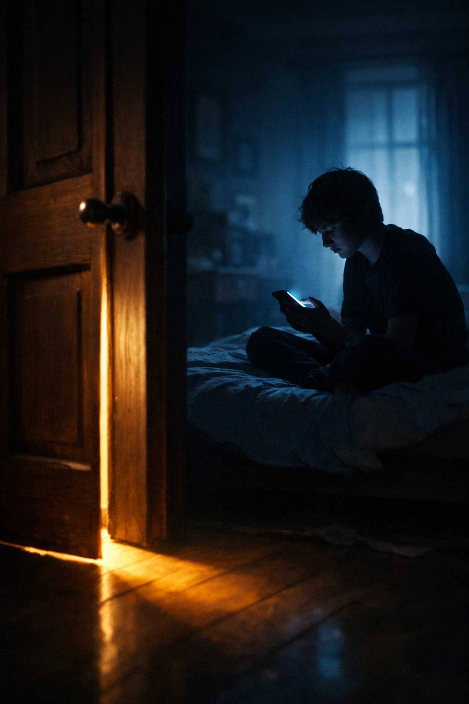 Lonely teenager on a bed silhouetted by phone light, showing the cycle of teen withdrawal and anxiety.