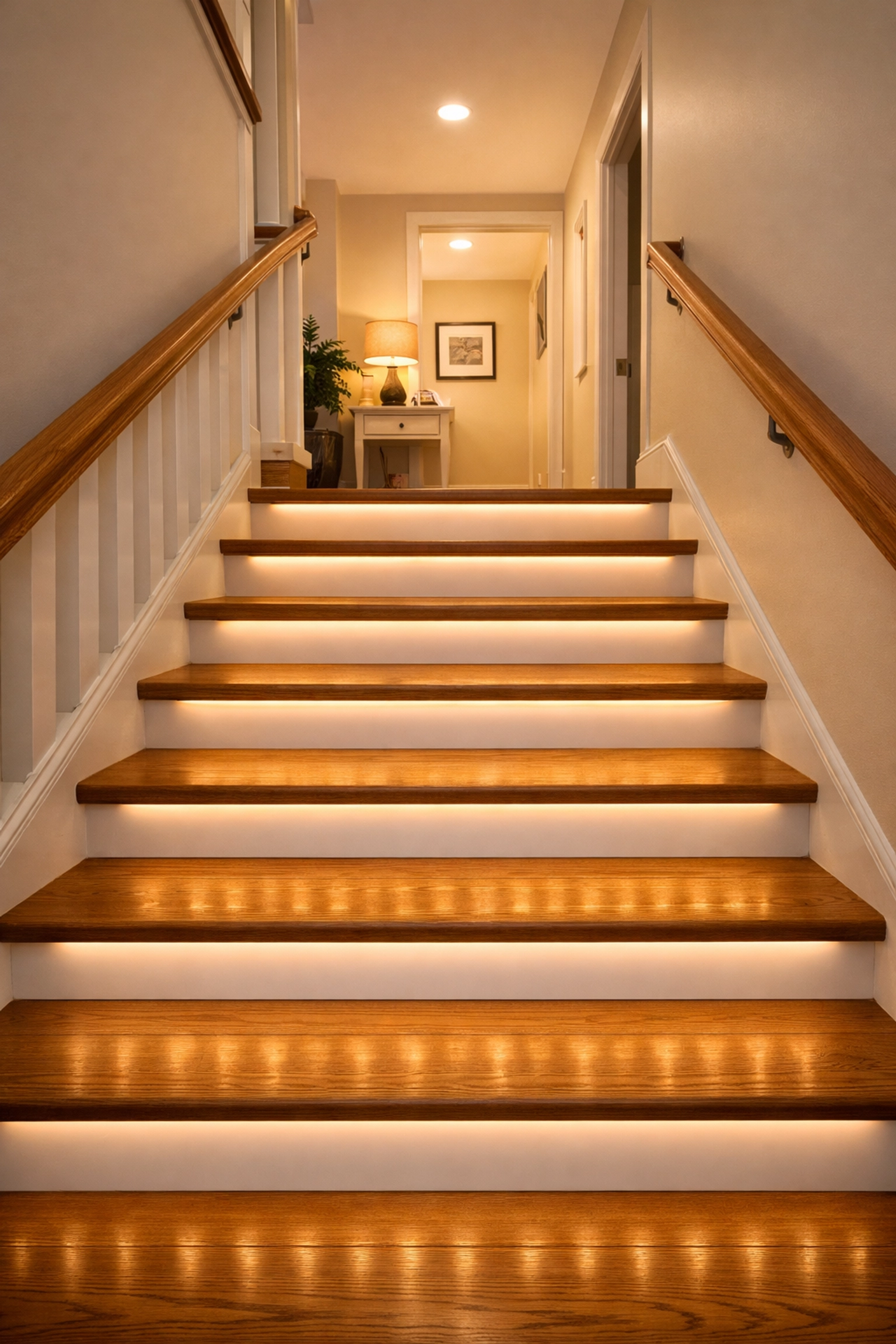 Wooden staircase with LED safety strip lighting under each step to improve visibility and prevent falls.