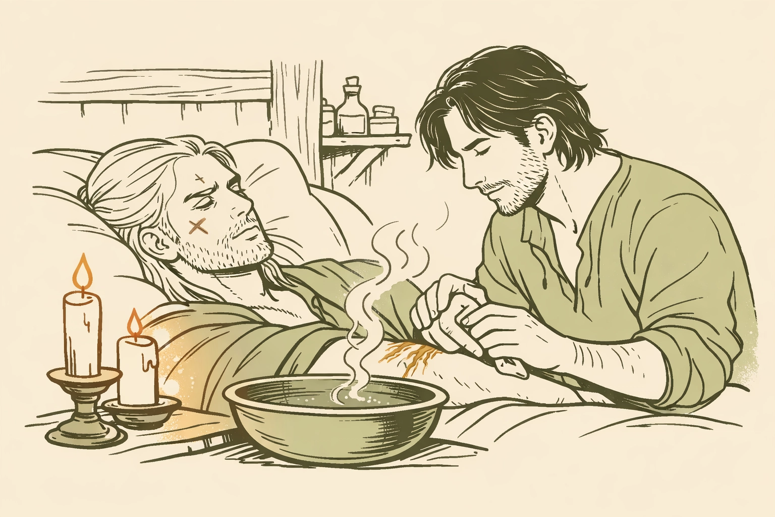 Lover tending to exhausted witcher's wounds by candlelight - MM fantasy romance recovery