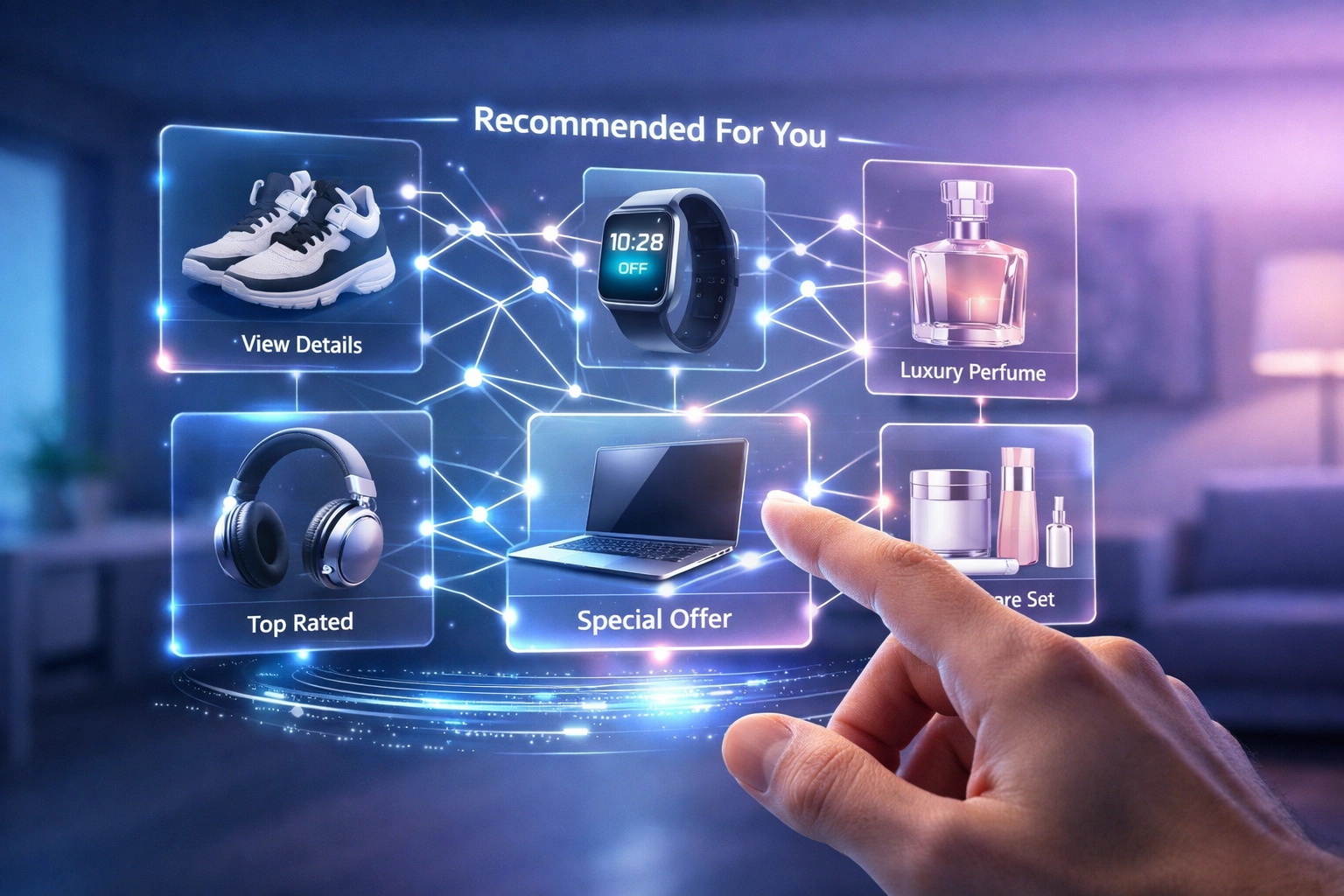 AI-powered personalized shopping recommendations with holographic interface showing smart product discovery