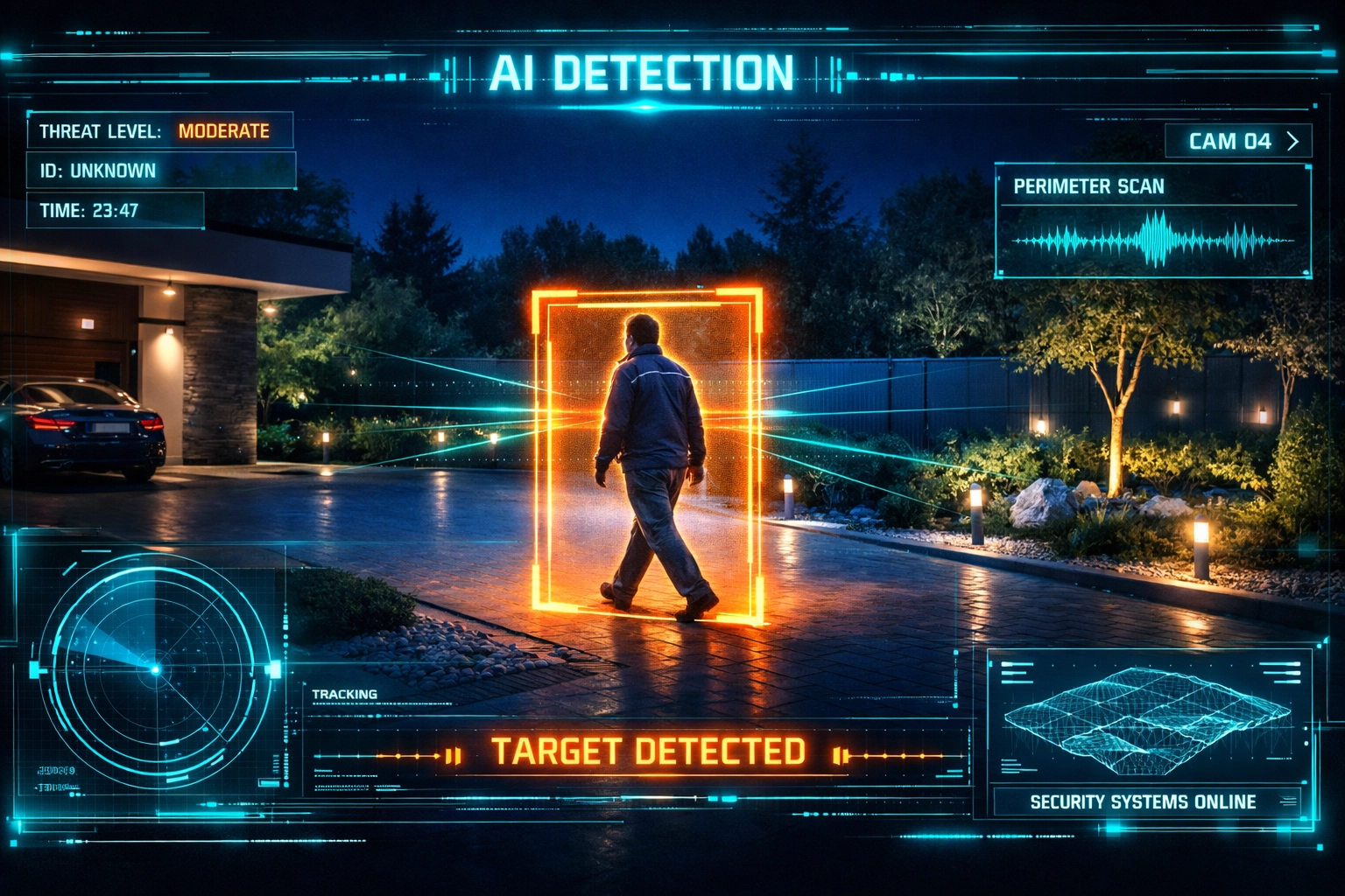 Advanced AI motion detection system identifying a person at night for enhanced residential security.