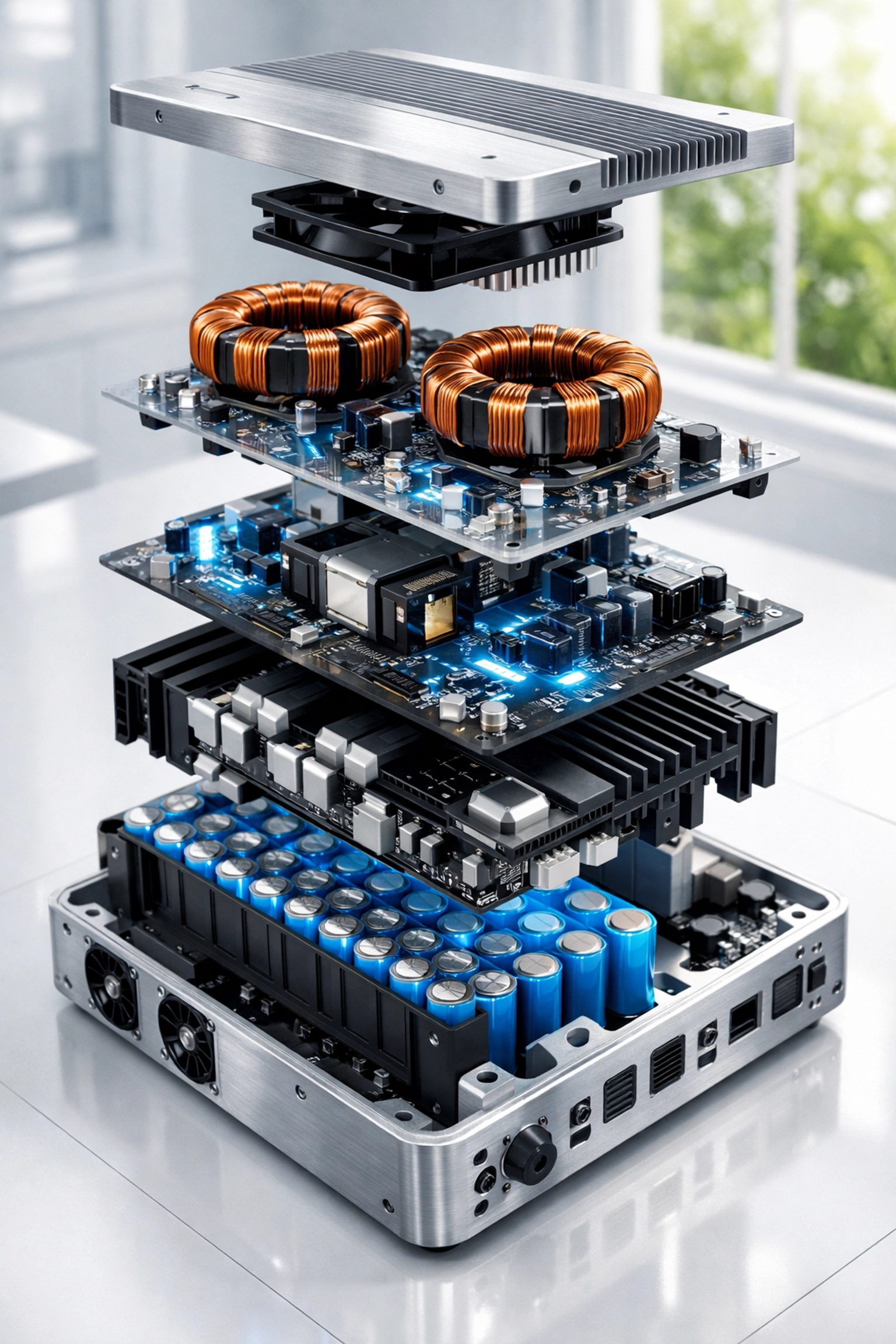 Internal view of a precision-engineered fuelless generator battery core and inverter, representing clean, oil-free power.
