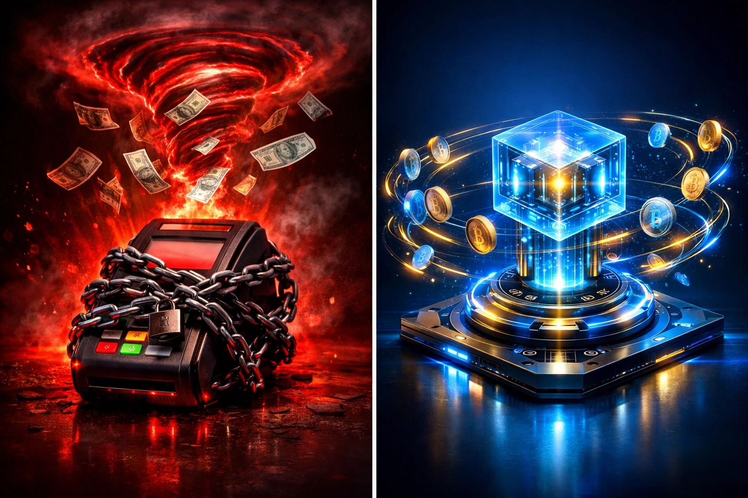 Traditional payment terminal versus blockchain Web3 payment system comparison