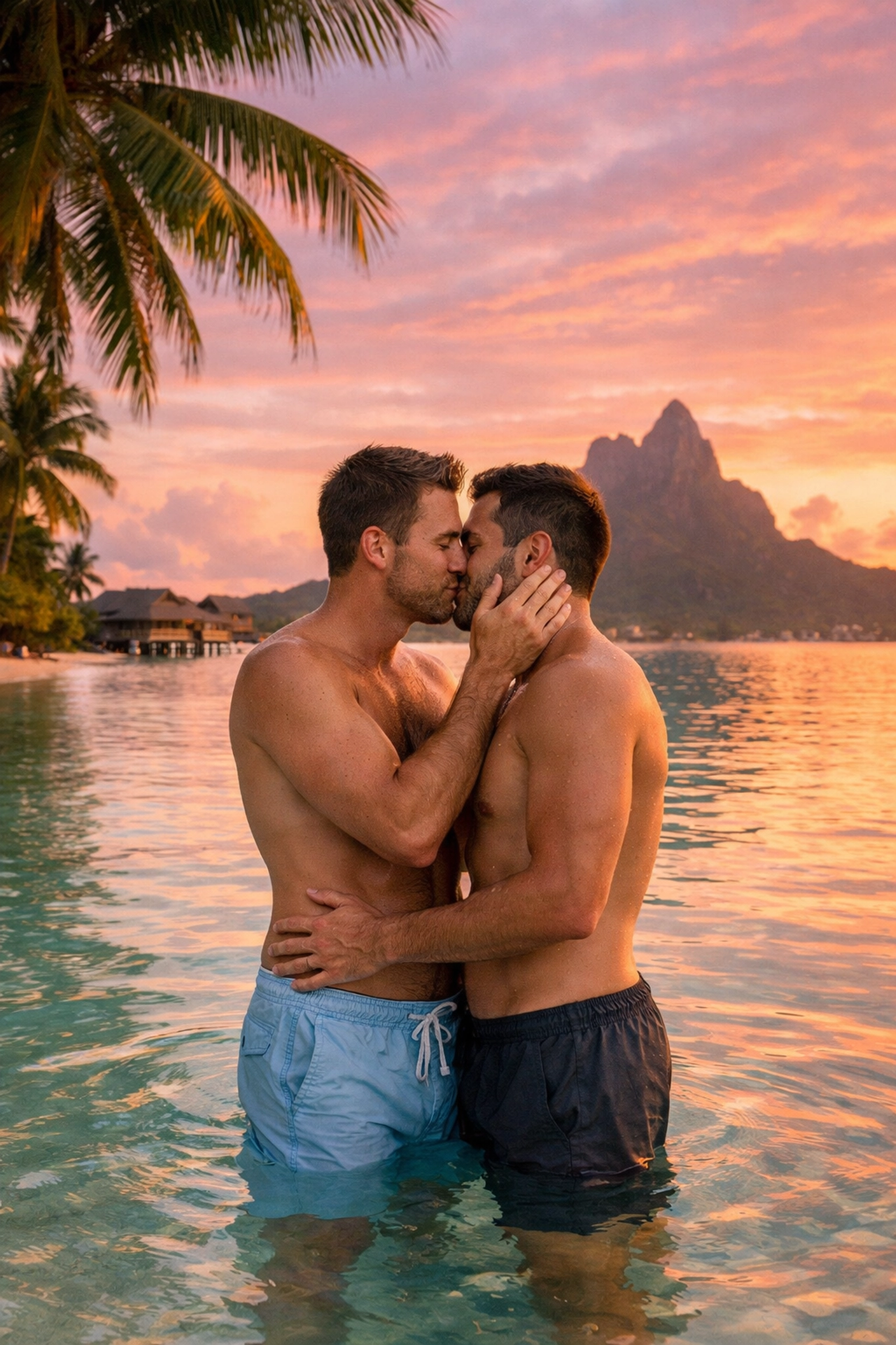 Romantic gay couple at sunset on Bora Bora beach in turquoise water