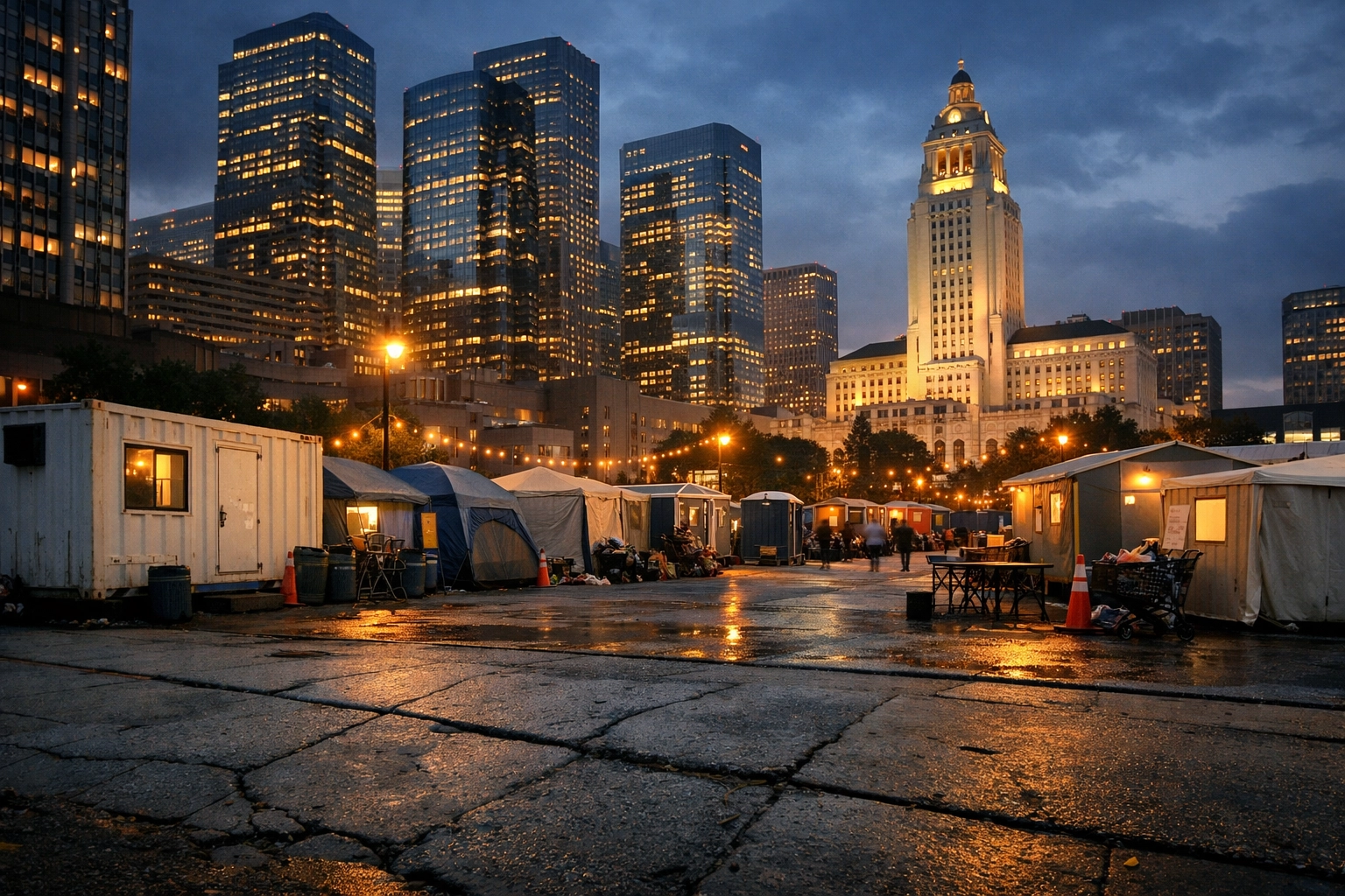 Temporary shelters in a city plaza near skyscrapers illustrating municipal budget pressures.