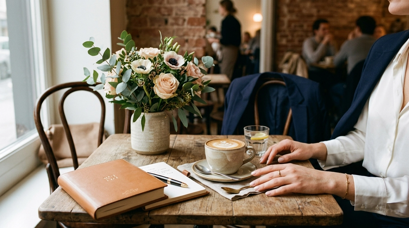 A premium café table scene with a cappuccino, flowers, a luxury notebook, and subtle hints of a professional woman's presence through relaxed styling details, captured in a warm and authentic casual elegant lifestyle aesthetic.