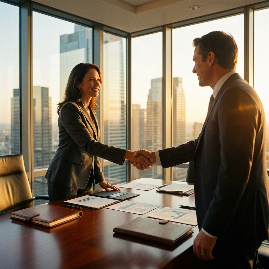 Business professionals shaking hands in a boardroom symbolizing private equity investment success
