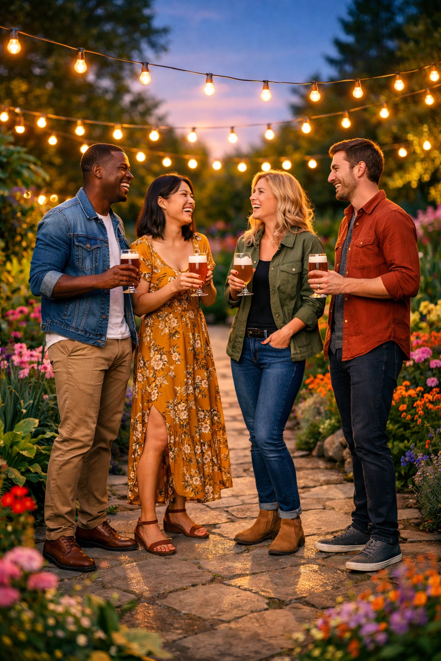 Friends at evening botanical garden event during Omaha luxury staycation