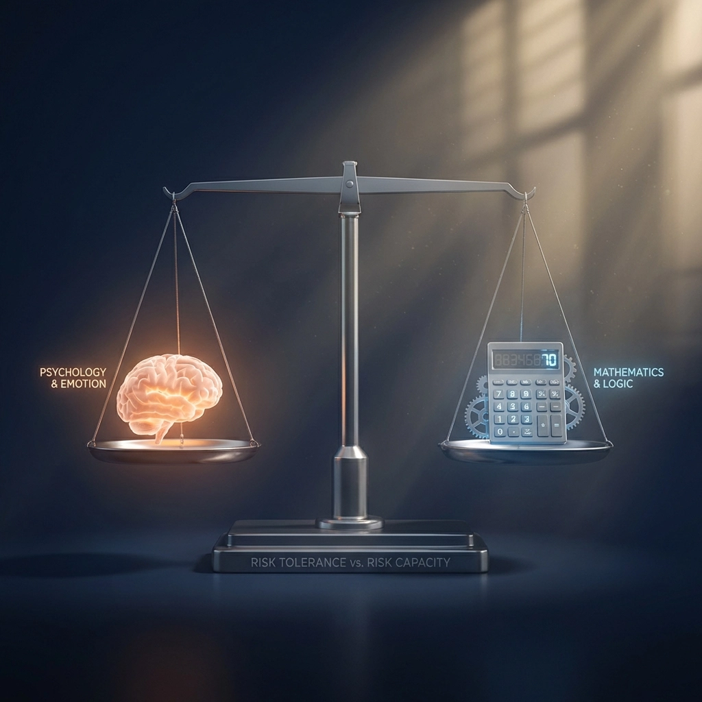 Balanced scale depicting psychology versus logic to illustrate risk tolerance and risk capacity for portfolio diversification