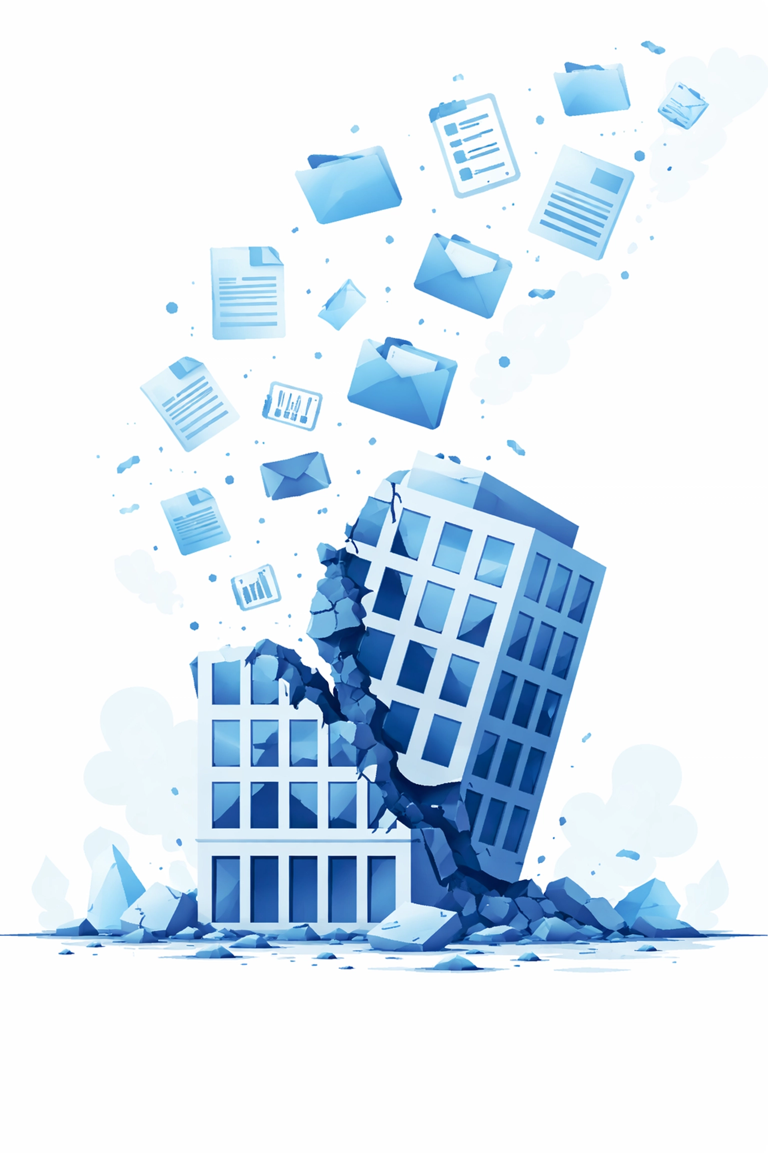Vector illustration of a collapsing office building with data files escaping, symbolizing business data loss risks