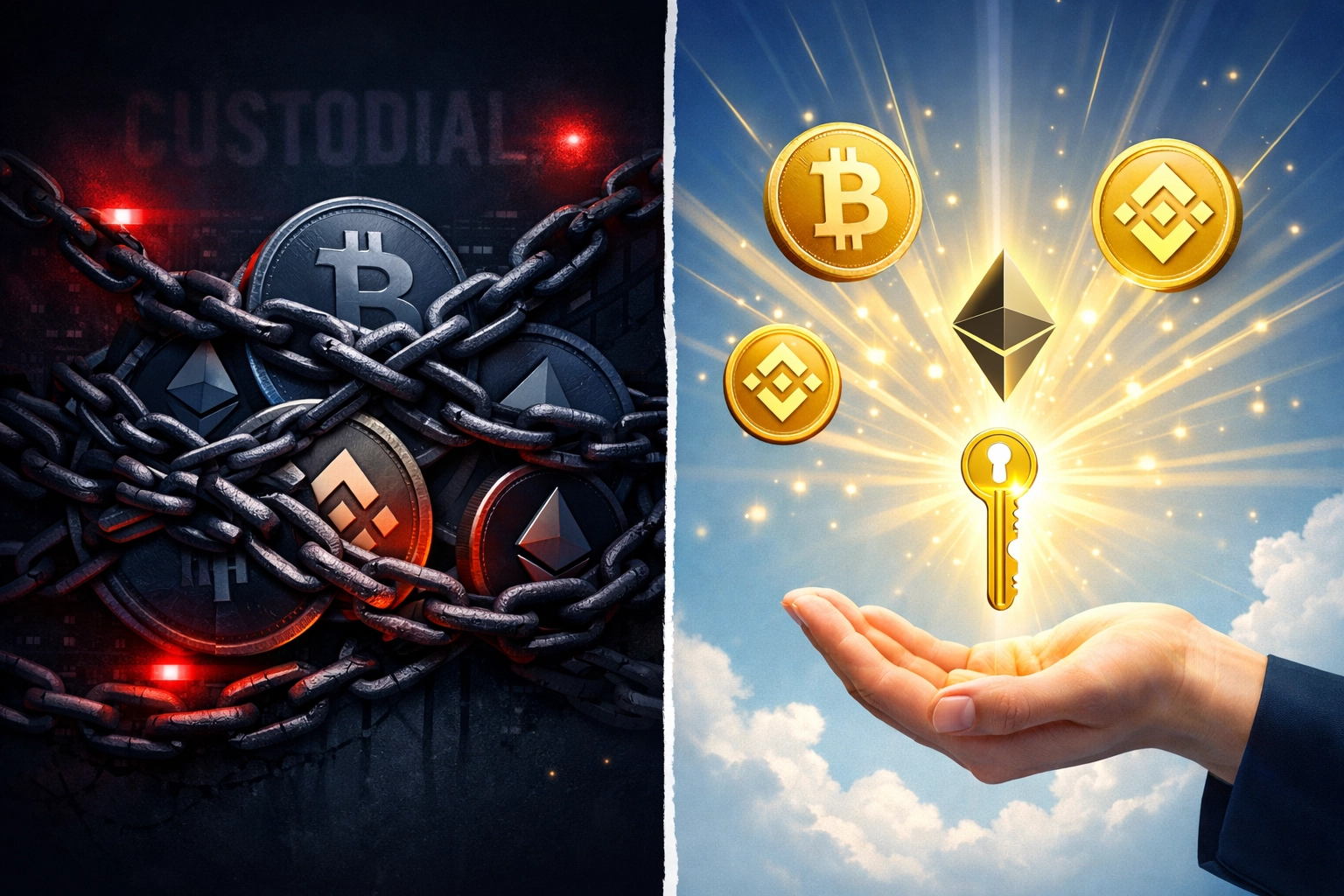 Custodial vs self-custody crypto comparison showing merchant freedom and private key control