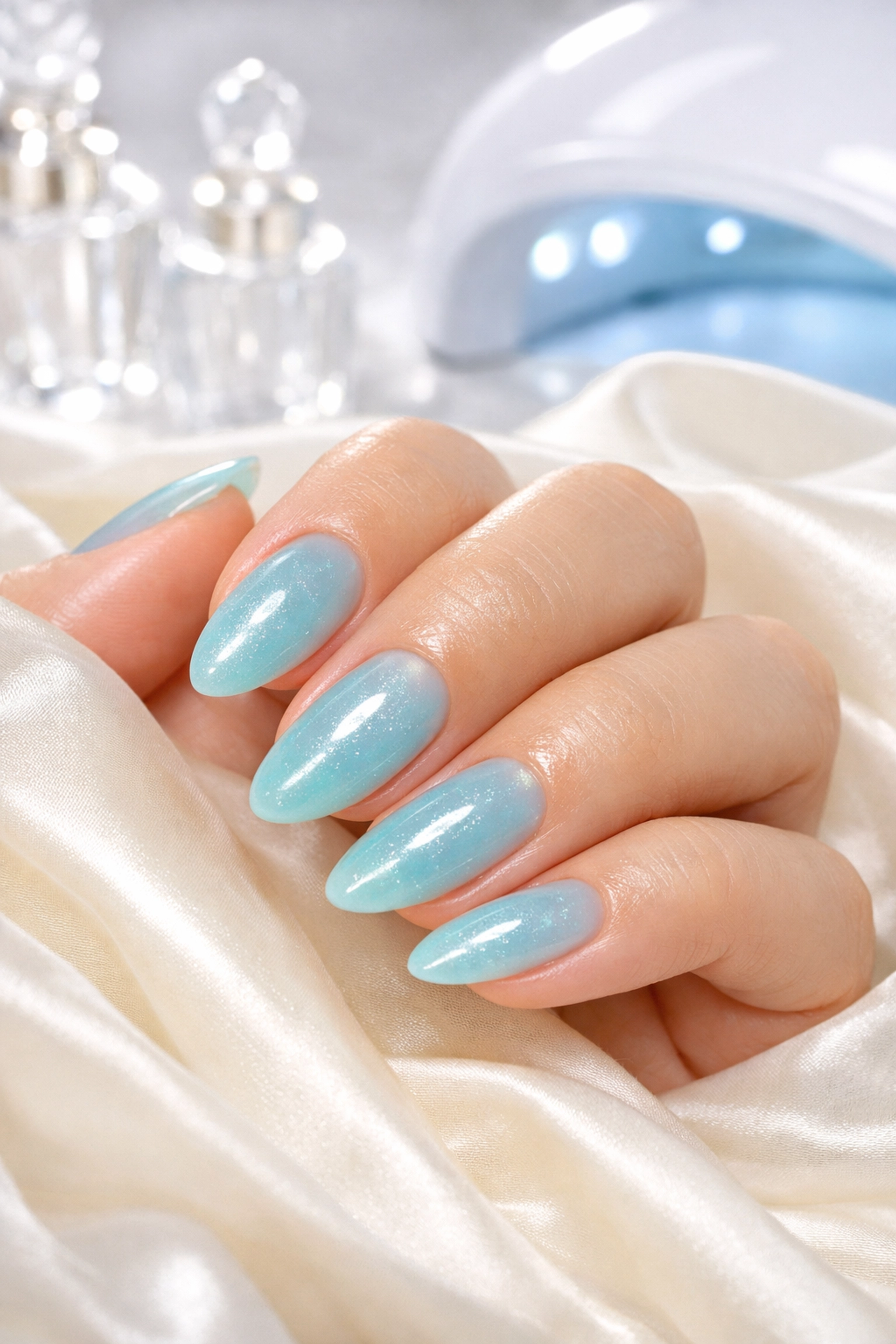 Elegant almond-shaped nails with a glossy turquoise sea glass Japanese gel manicure finish.