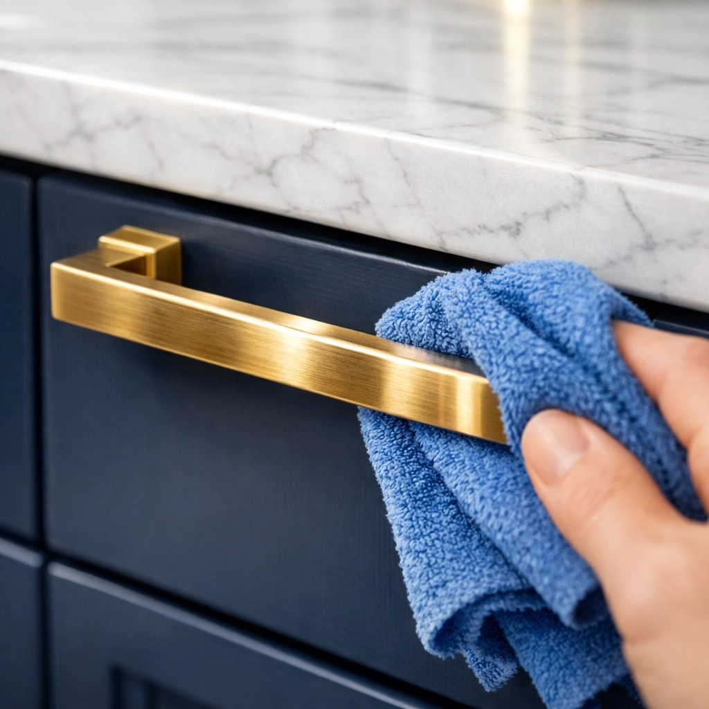 Detailed deep cleaning in Westborough MA of high-touch kitchen cabinet handles using a microfiber cloth.