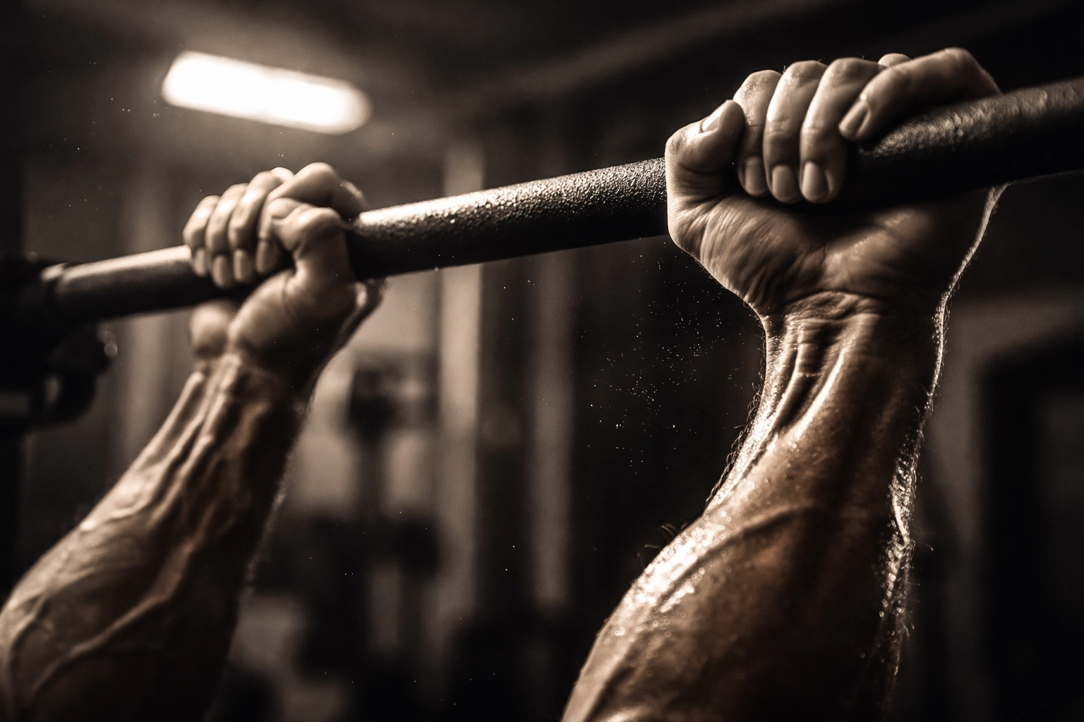 Close-up of strong hands gripping a pull-up bar, highlighting serious resistance training at home