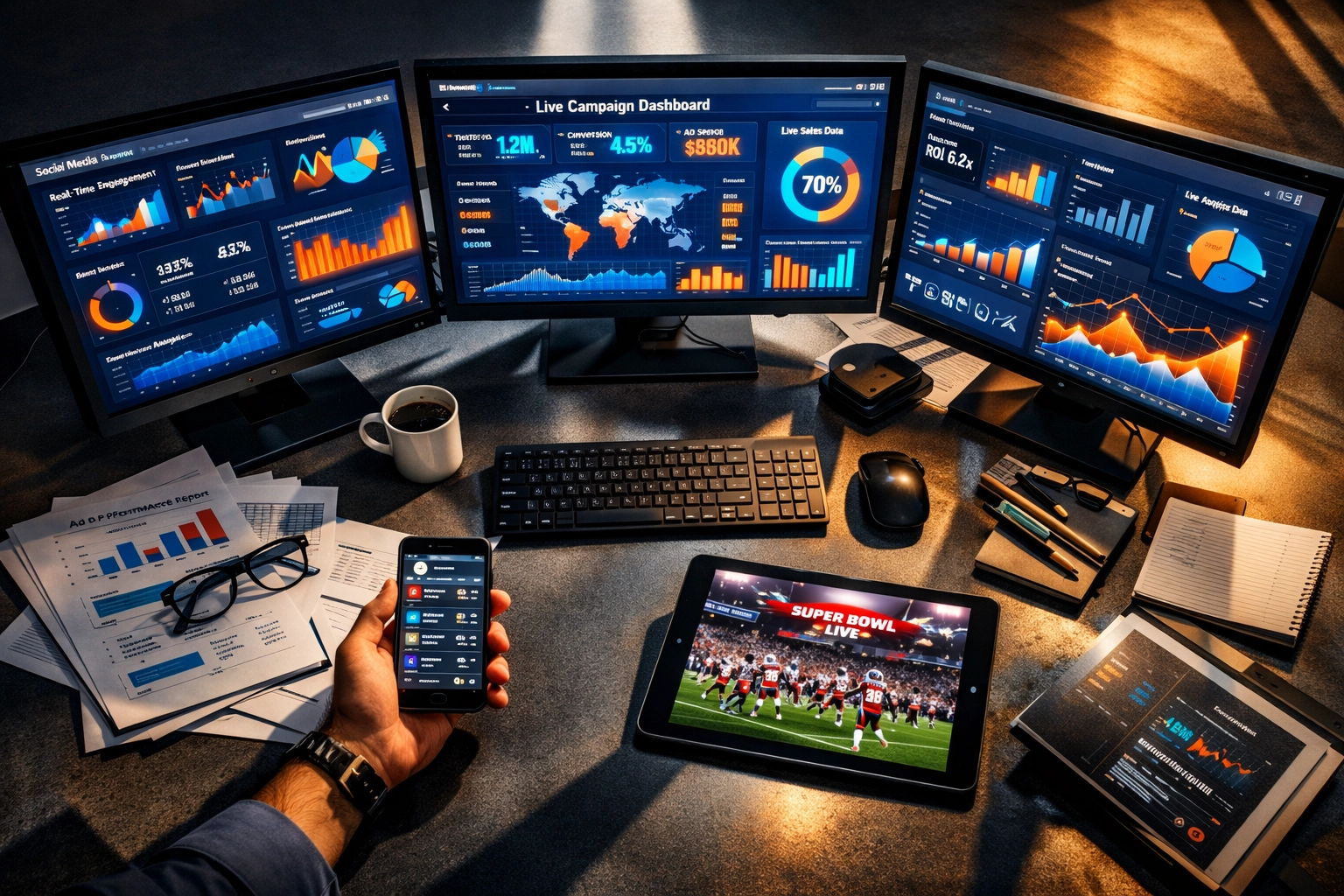 CMO analyzing Super Bowl marketing ROI dashboards with real-time analytics and performance metrics