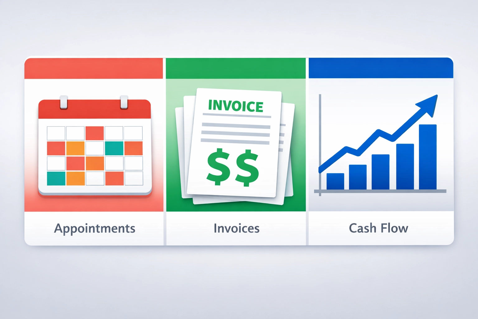 Business dashboard displaying scheduled jobs, pending invoices, and cash flow metrics in real-time