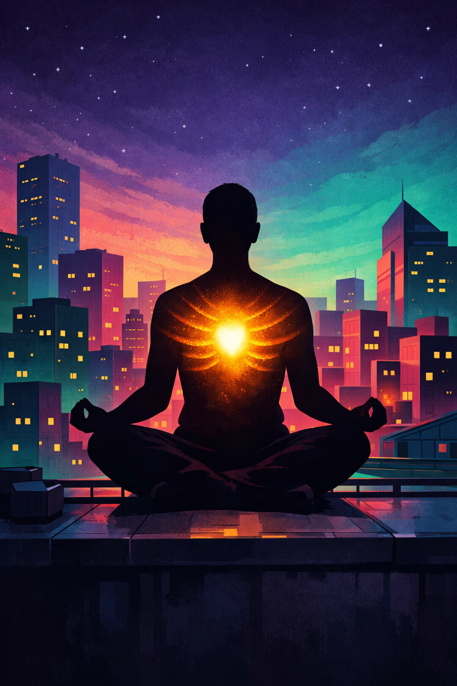 Silhouette meditating on city rooftop with inner light radiating peace