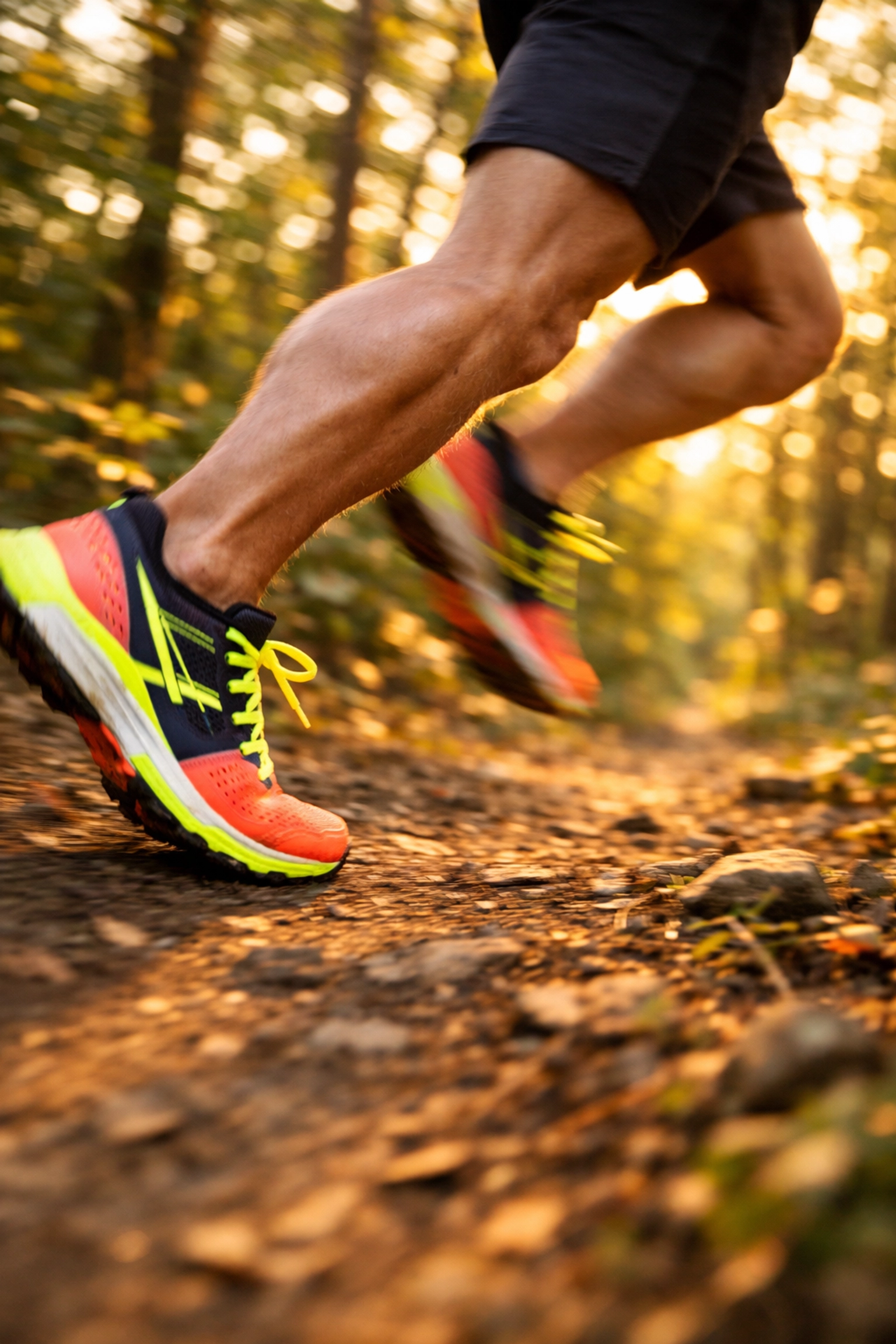Runner's feet in motion on trail demonstrating cardiovascular fitness training
