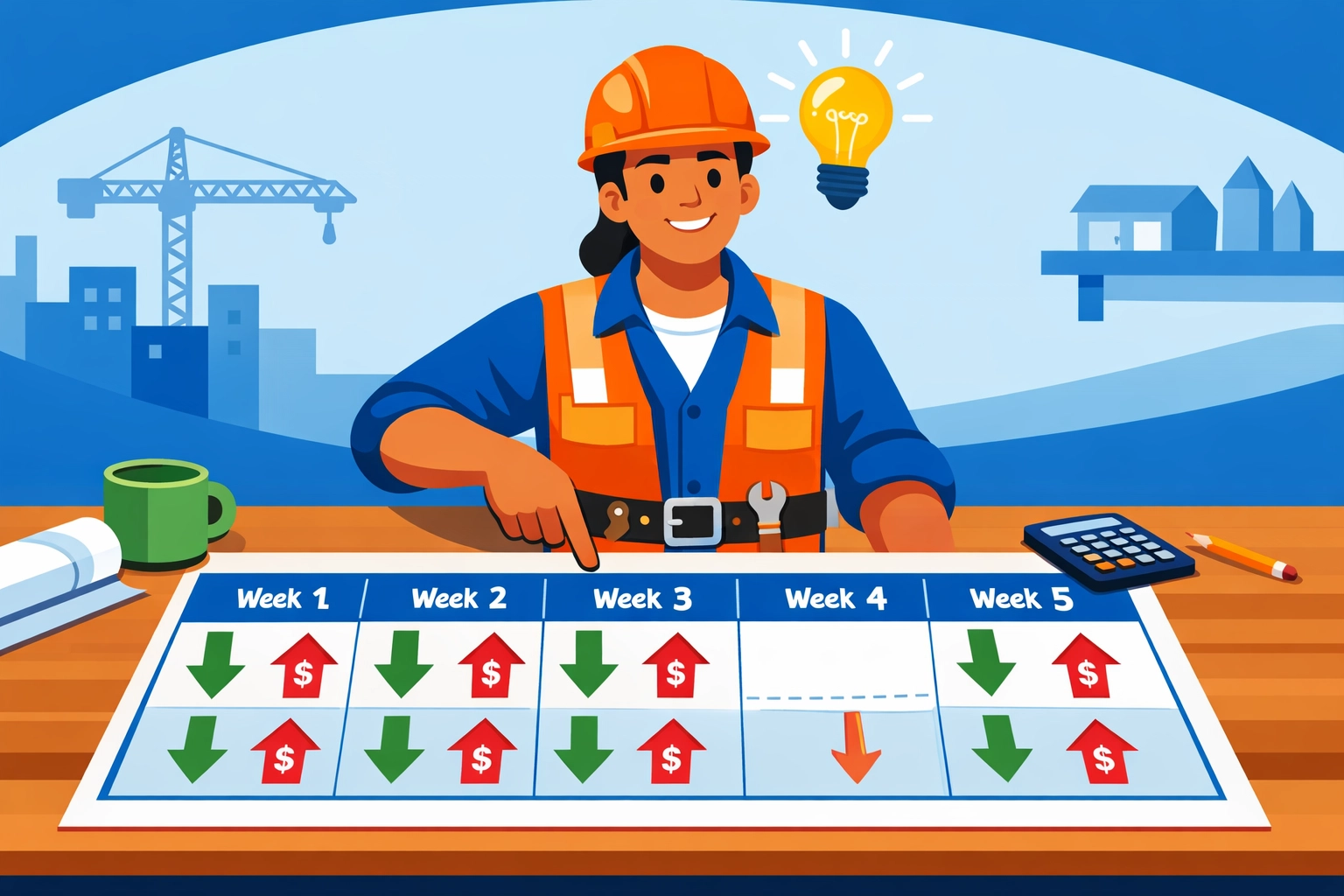 Contractor reviewing cash flow forecast calendar to identify upcoming payment gaps
