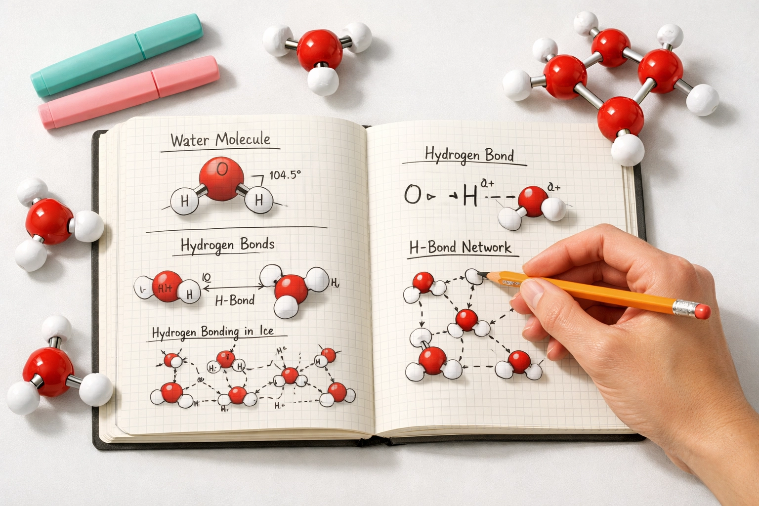 Student working through Chemistry molecular diagrams and hydrogen bonding structures during GCSE revision