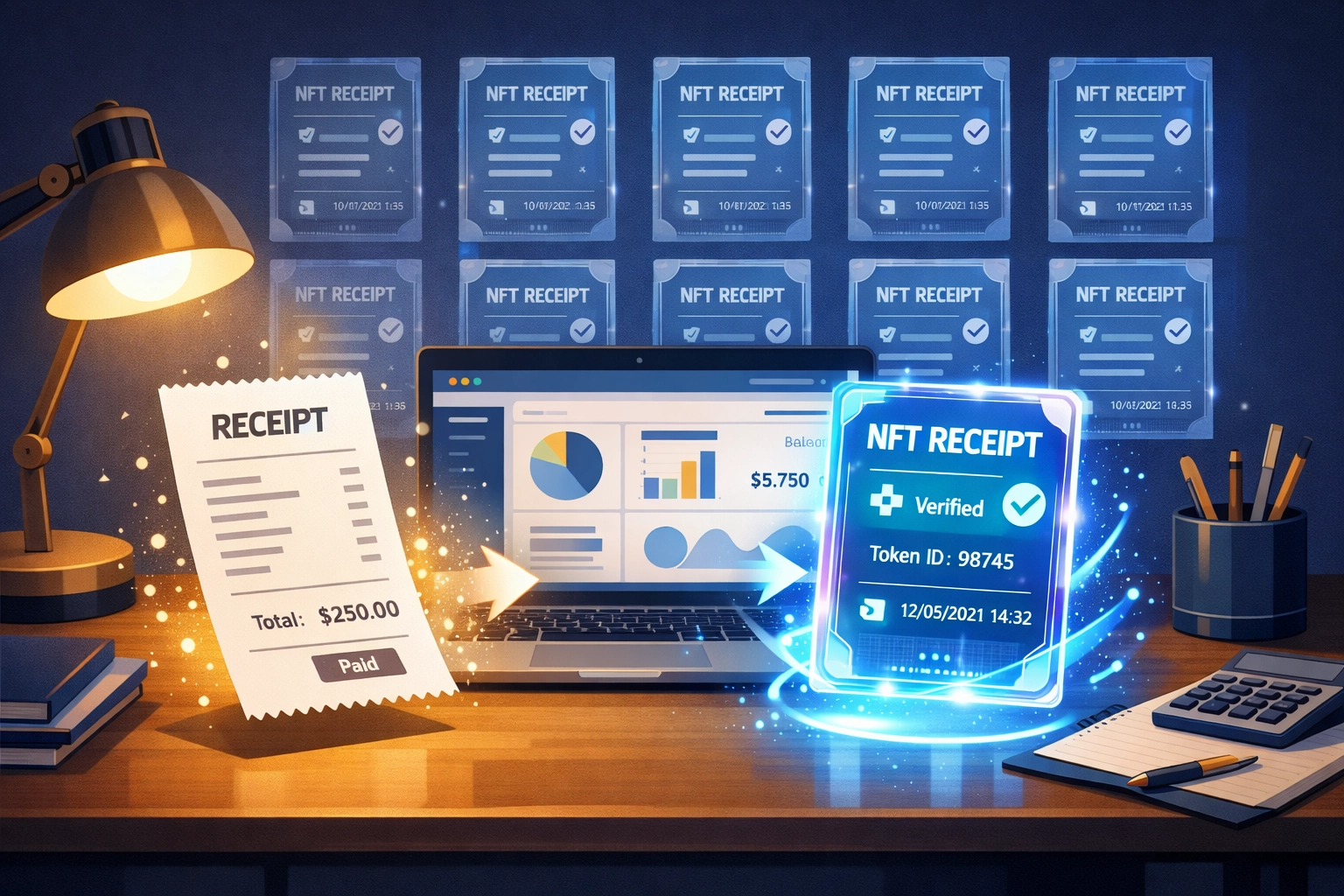 Digital receipt transforming into NFT for blockchain-verified accounting and tax records