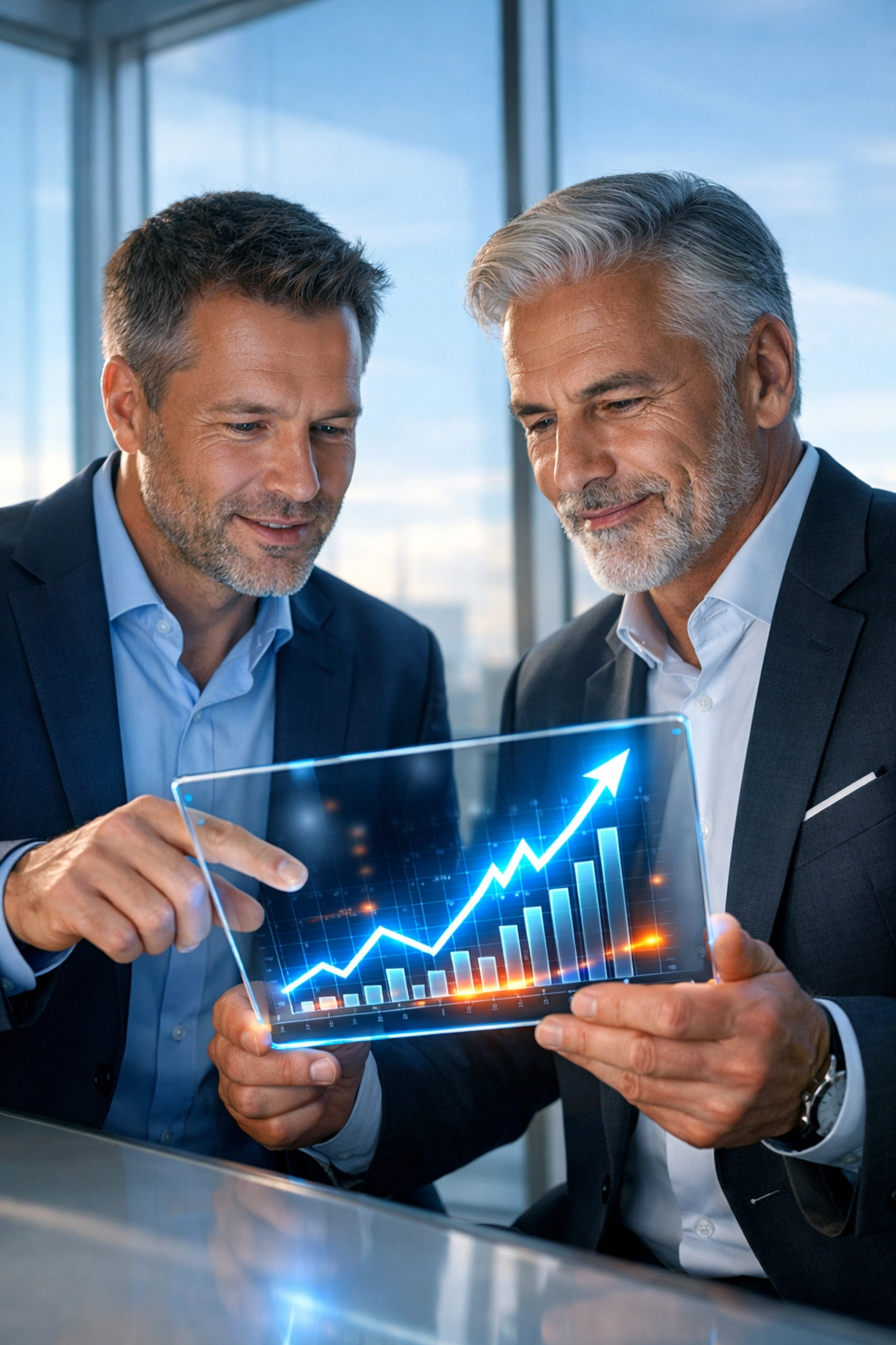 KI-Beratung zeigt Führungskraft steigende Profitabilität und messbaren Erfolg der KI-Implementierung auf einem Tablet.