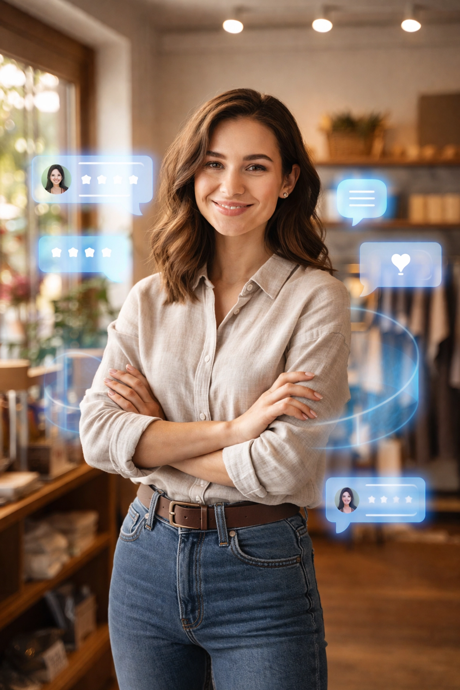 Confident small business owner with digital chat bubbles, illustrating customer service automation with chatbots