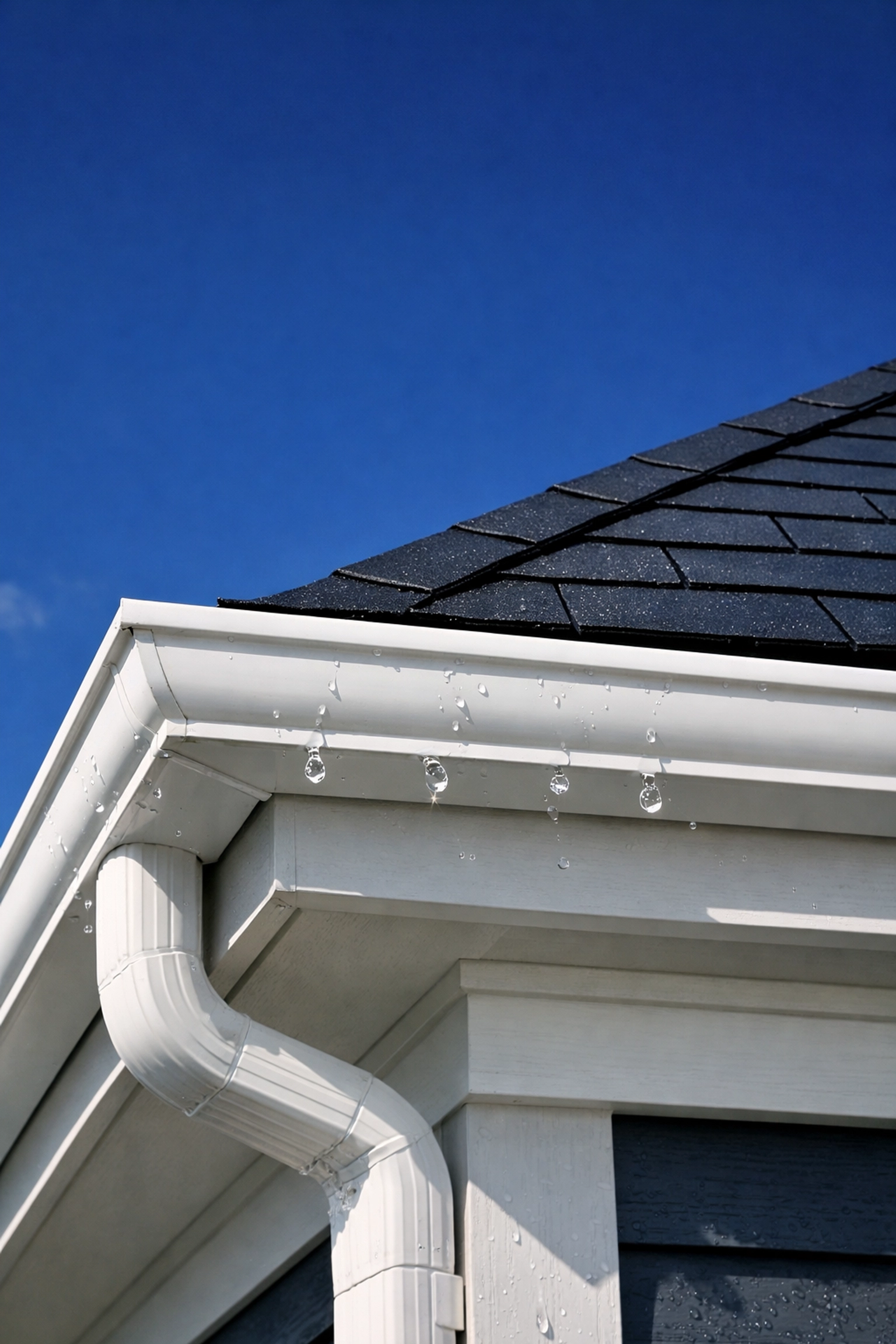 Pristine white gutters and clean roofline on a modern home against a clear blue sky.