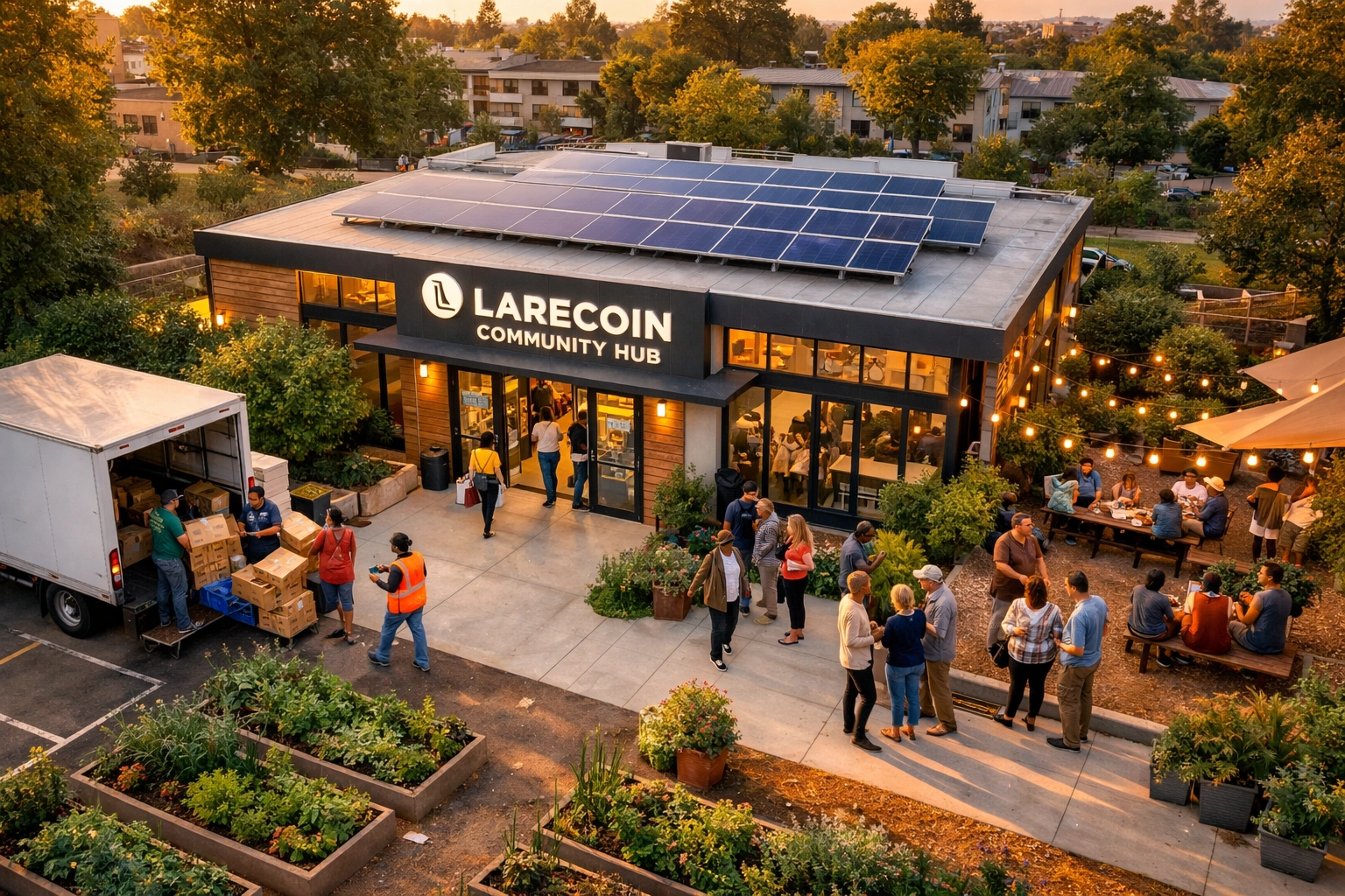 Larecoin community hub with volunteers distributing food and supporting local charitable programs