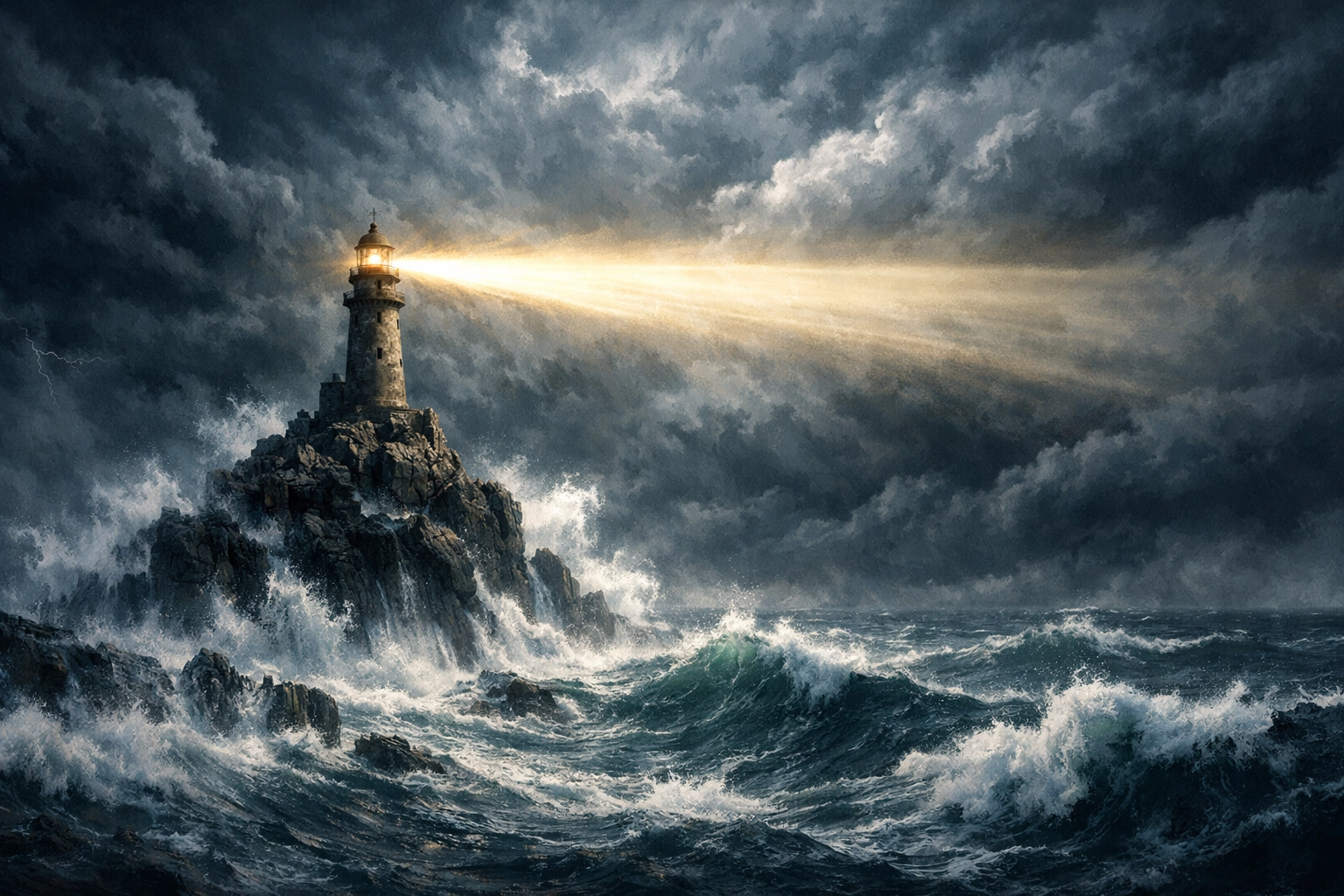A lighthouse shining through a dark ocean storm, representing spiritual truth in a chaotic world.