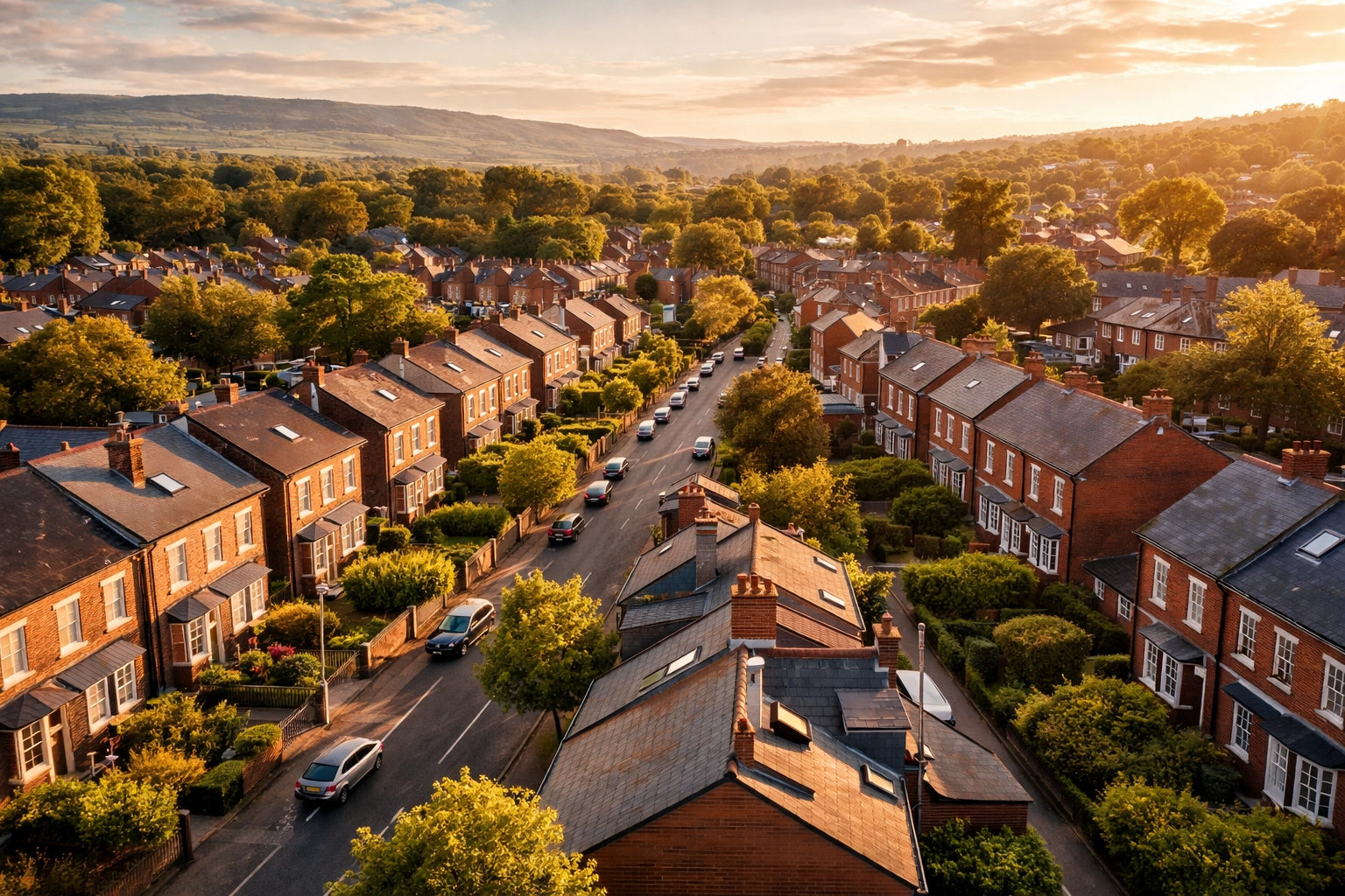 Aerial view of Chadderton's red-brick terraced and semi-detached homes, showcasing the suburb's thriving property market in 2026.