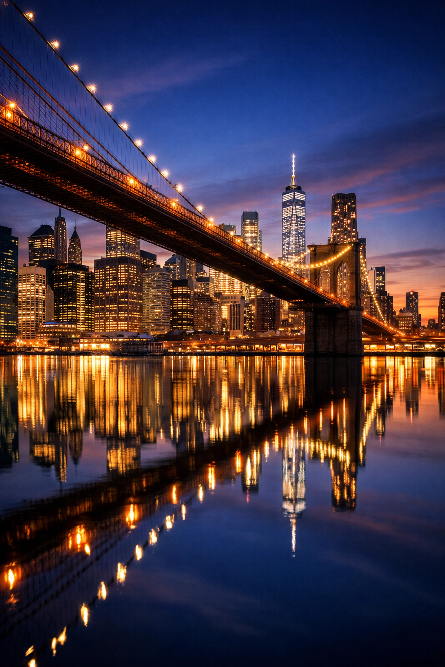 Stunning twilight view of the Brooklyn Bridge and Manhattan skyline by a top-rated NYC professional photographer.